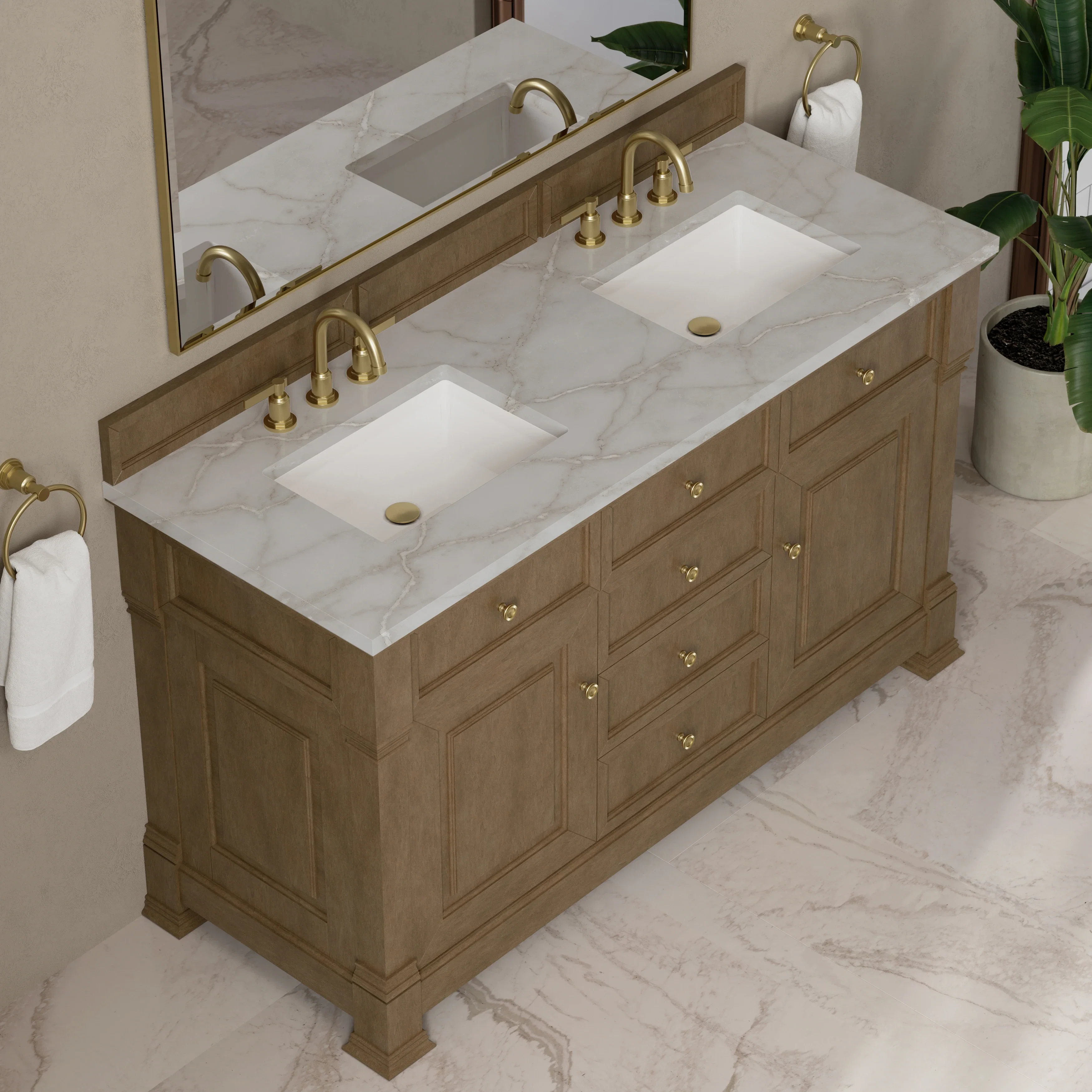 Brookfield 60" Double Vanity, Pecan w/ 3 CM Victorian Silver Silestone Top w/FreePower Wireless Charger