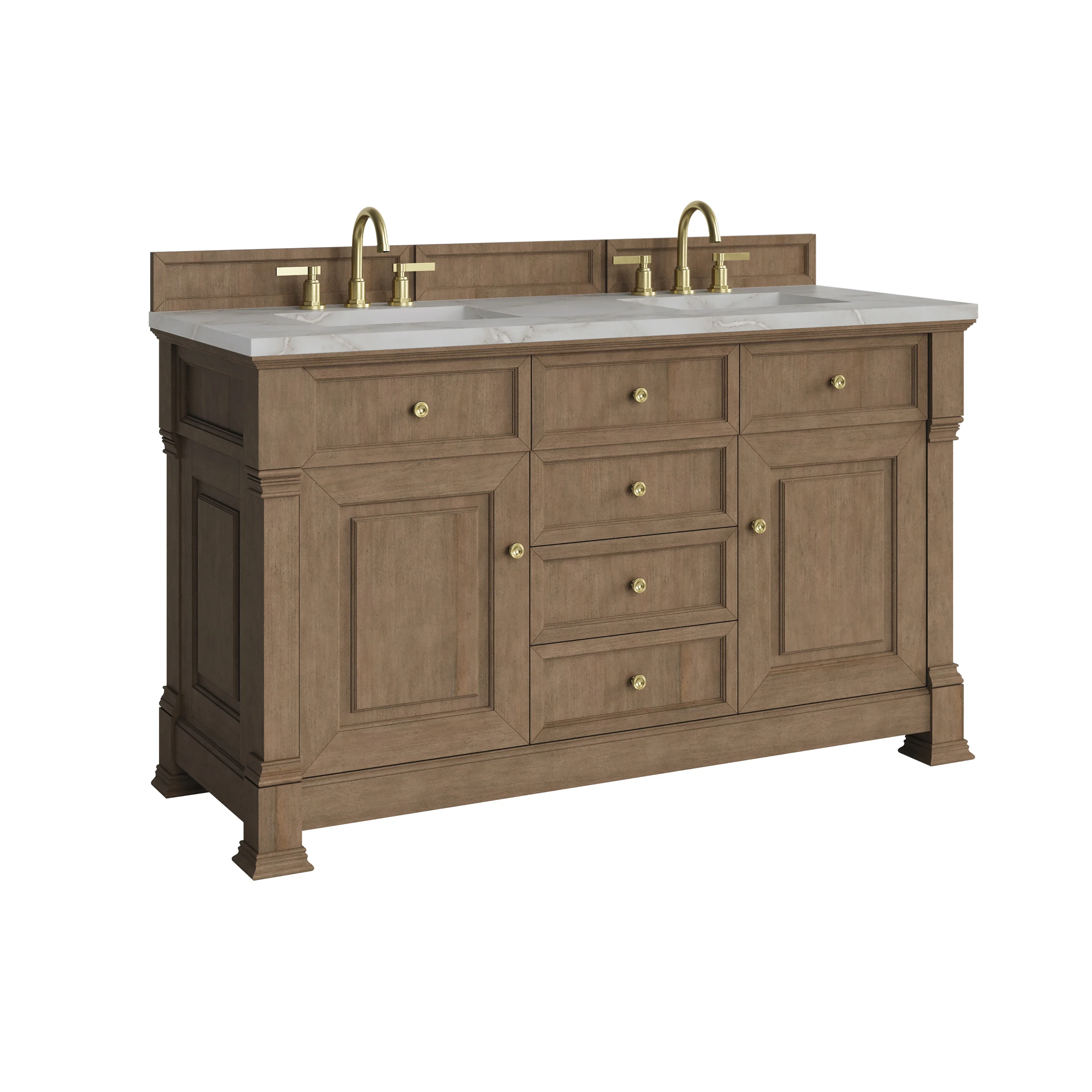 Brookfield 60" Double Vanity, Pecan w/ 3 CM Victorian Silver Silestone Top w/FreePower Wireless Charger