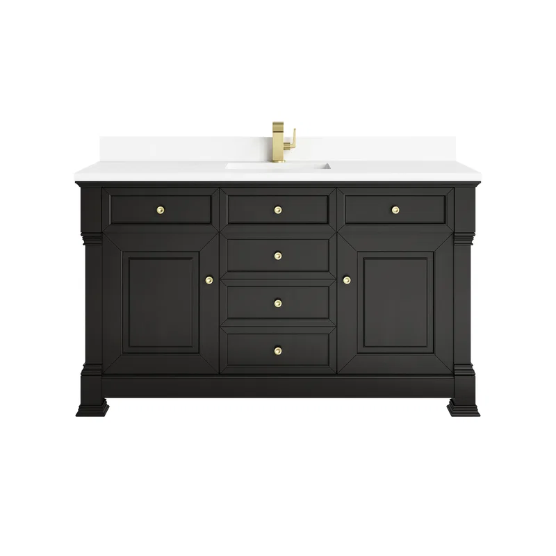 Brookfield 60" Single Vanity, Black Onyx w/ Single Hole 3 CM White Zeus Silestone Top & Backsplash