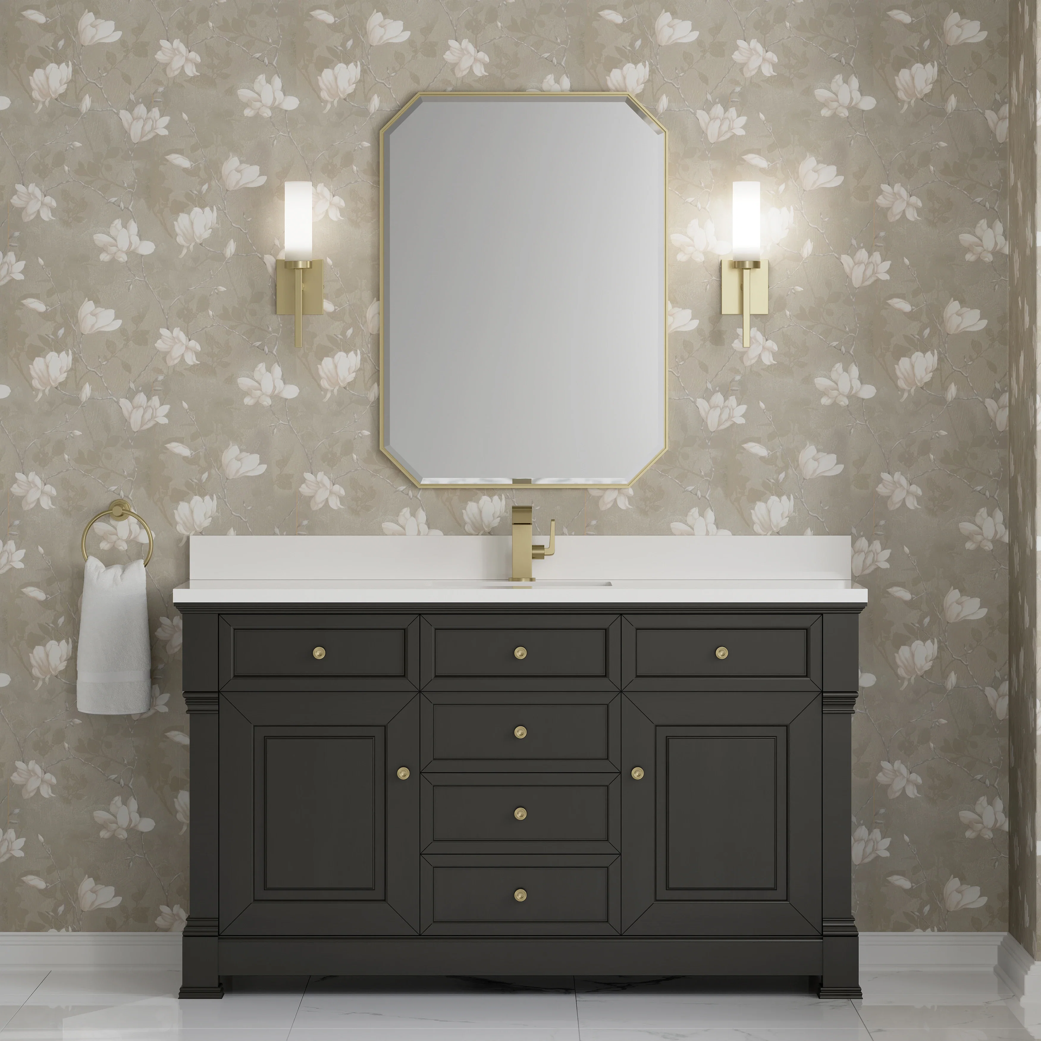 Brookfield 60" Single Vanity, Black Onyx w/ Single Hole 3 CM White Zeus Silestone Top & Backsplash