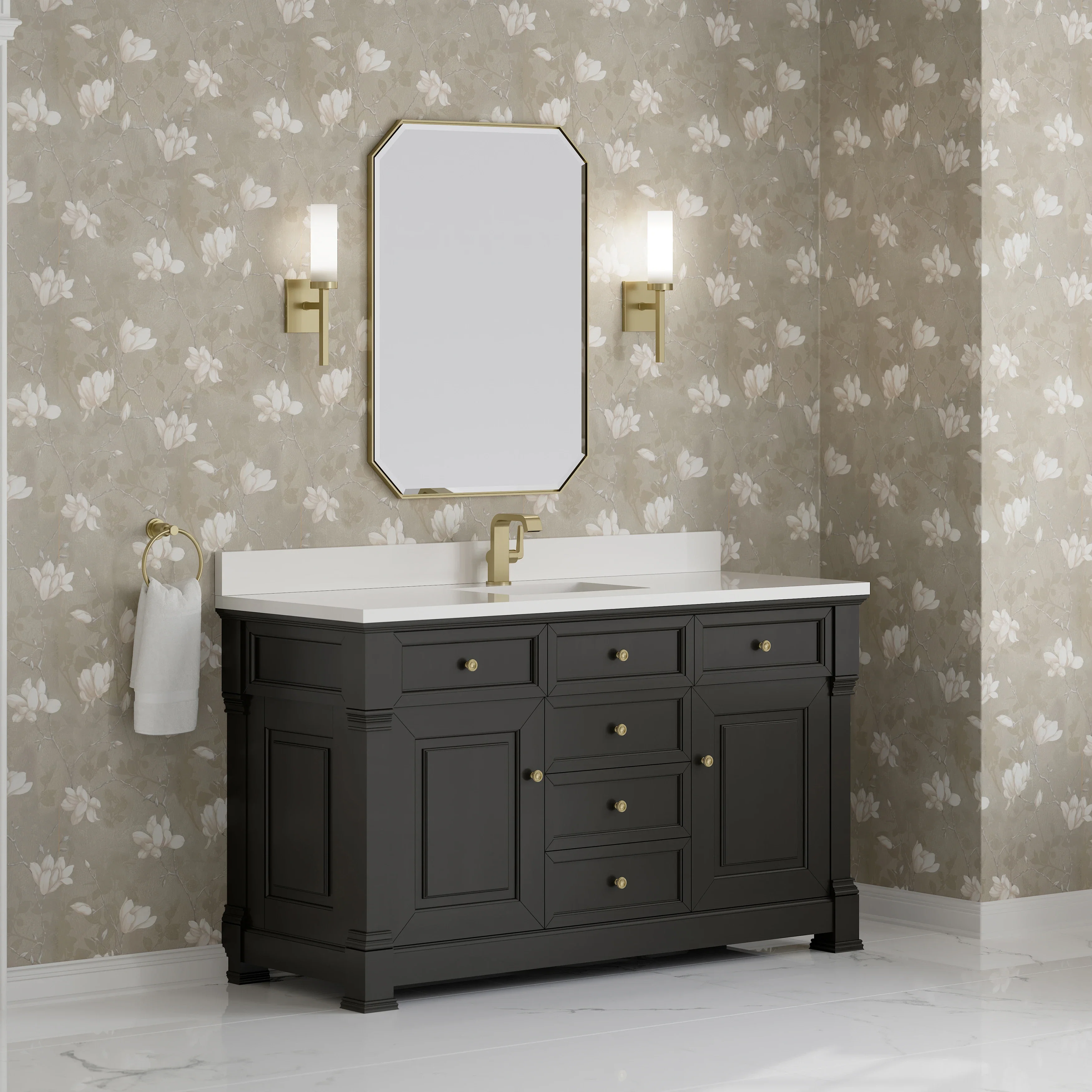 Brookfield 60" Single Vanity, Black Onyx w/ Single Hole 3 CM White Zeus Silestone Top & Backsplash