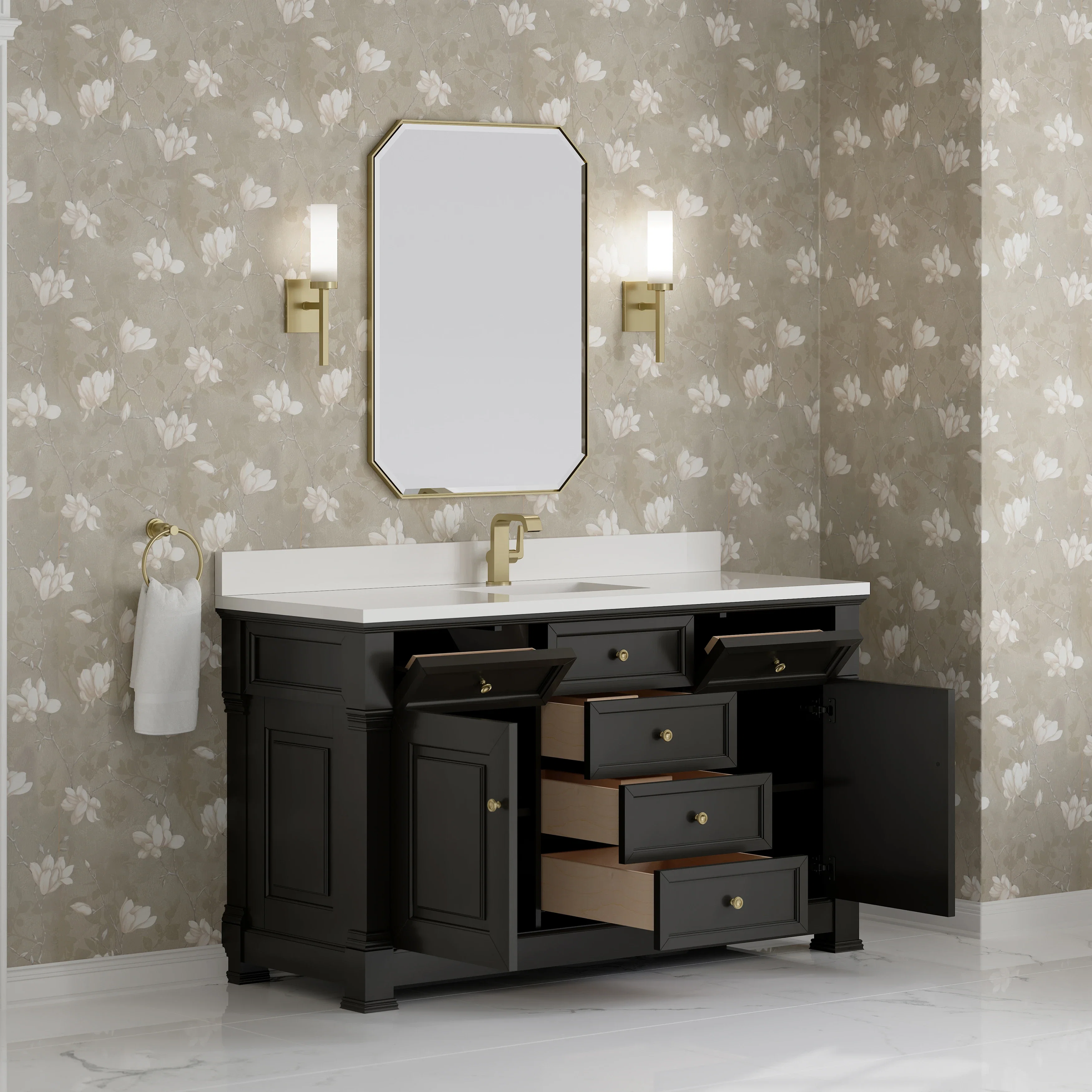 Brookfield 60" Single Vanity, Black Onyx w/ Single Hole 3 CM White Zeus Silestone Top & Backsplash