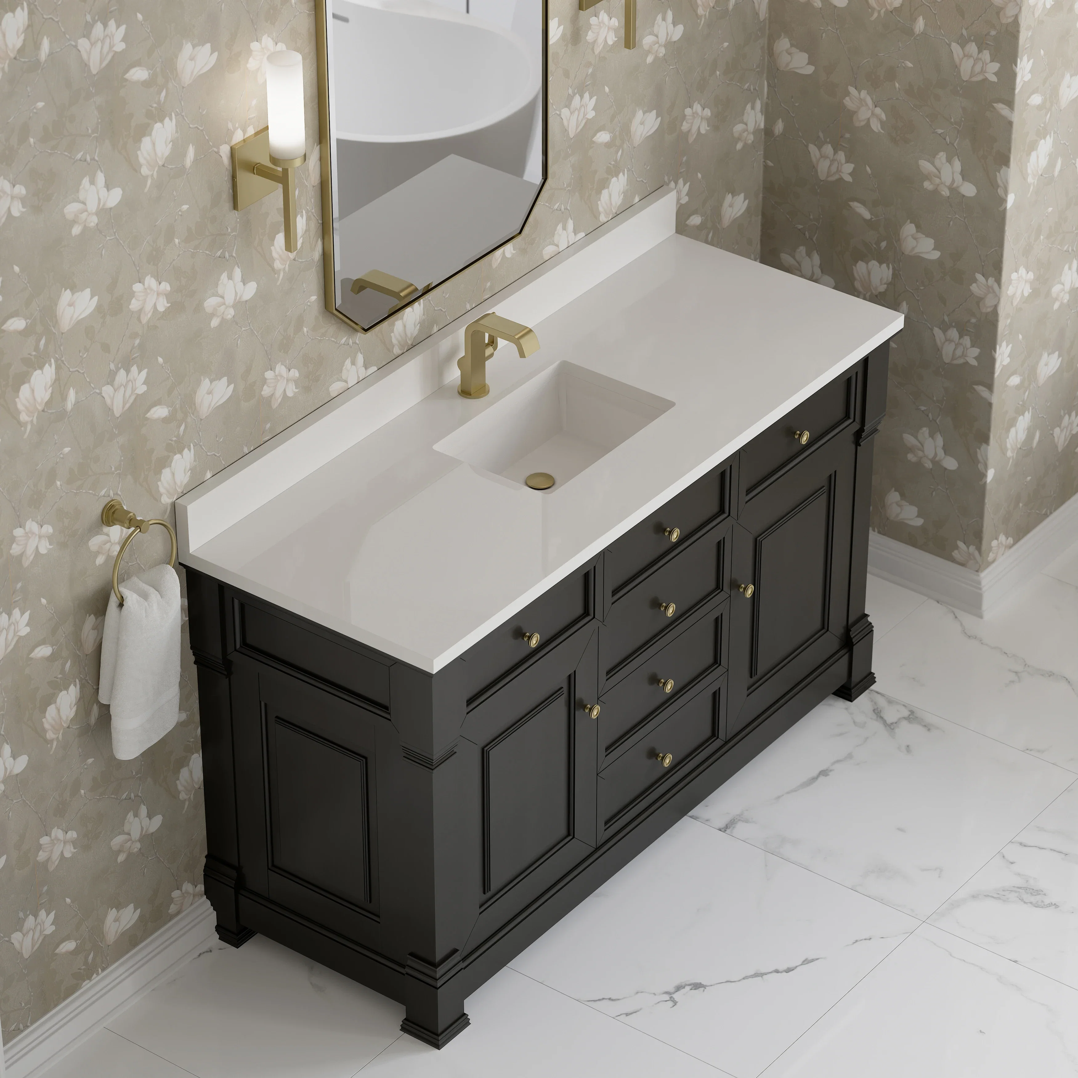 Brookfield 60" Single Vanity, Black Onyx w/ Single Hole 3 CM White Zeus Silestone Top & Backsplash
