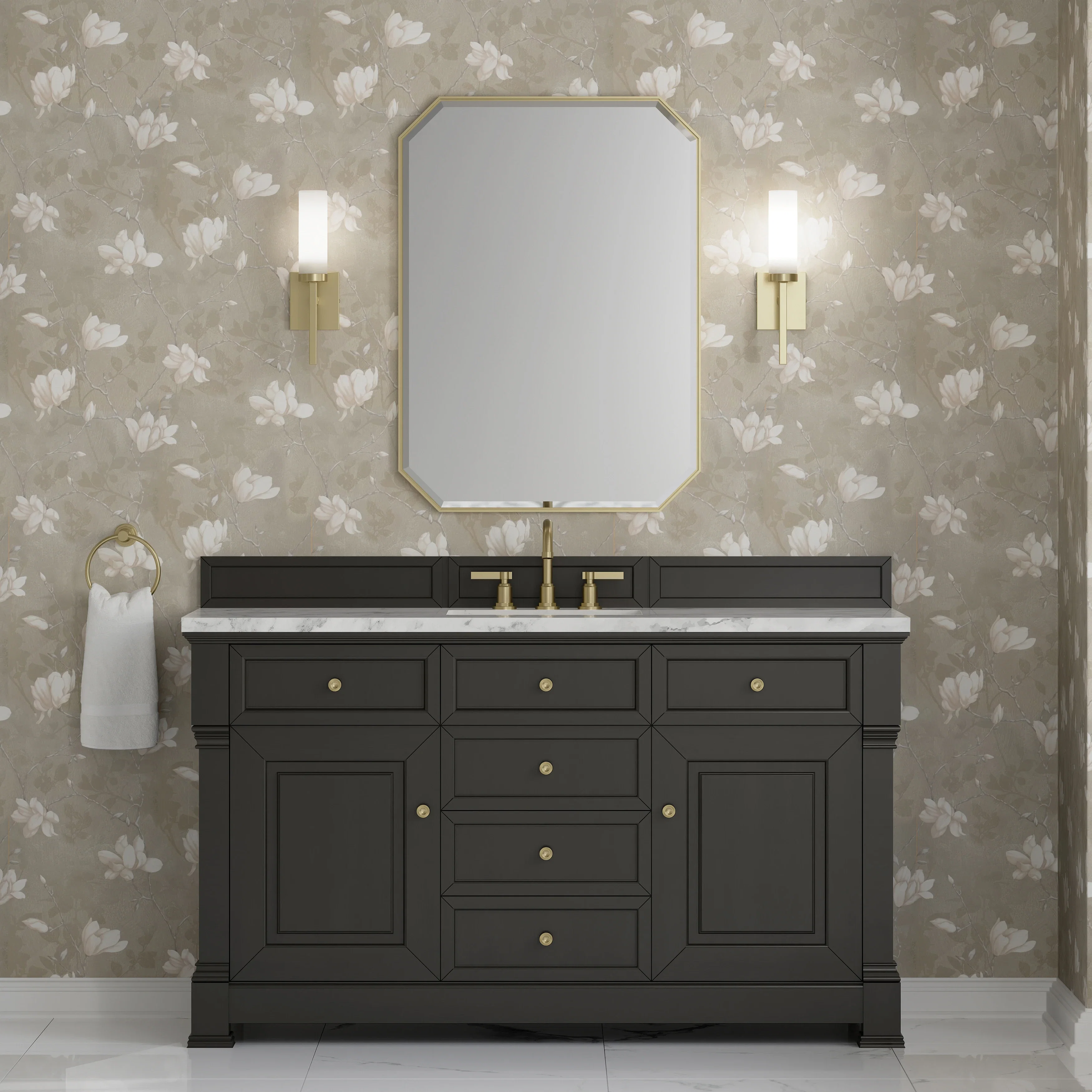Brookfield 60" Single Vanity, Black Onyx w/3 CM Carrara White Marble Top