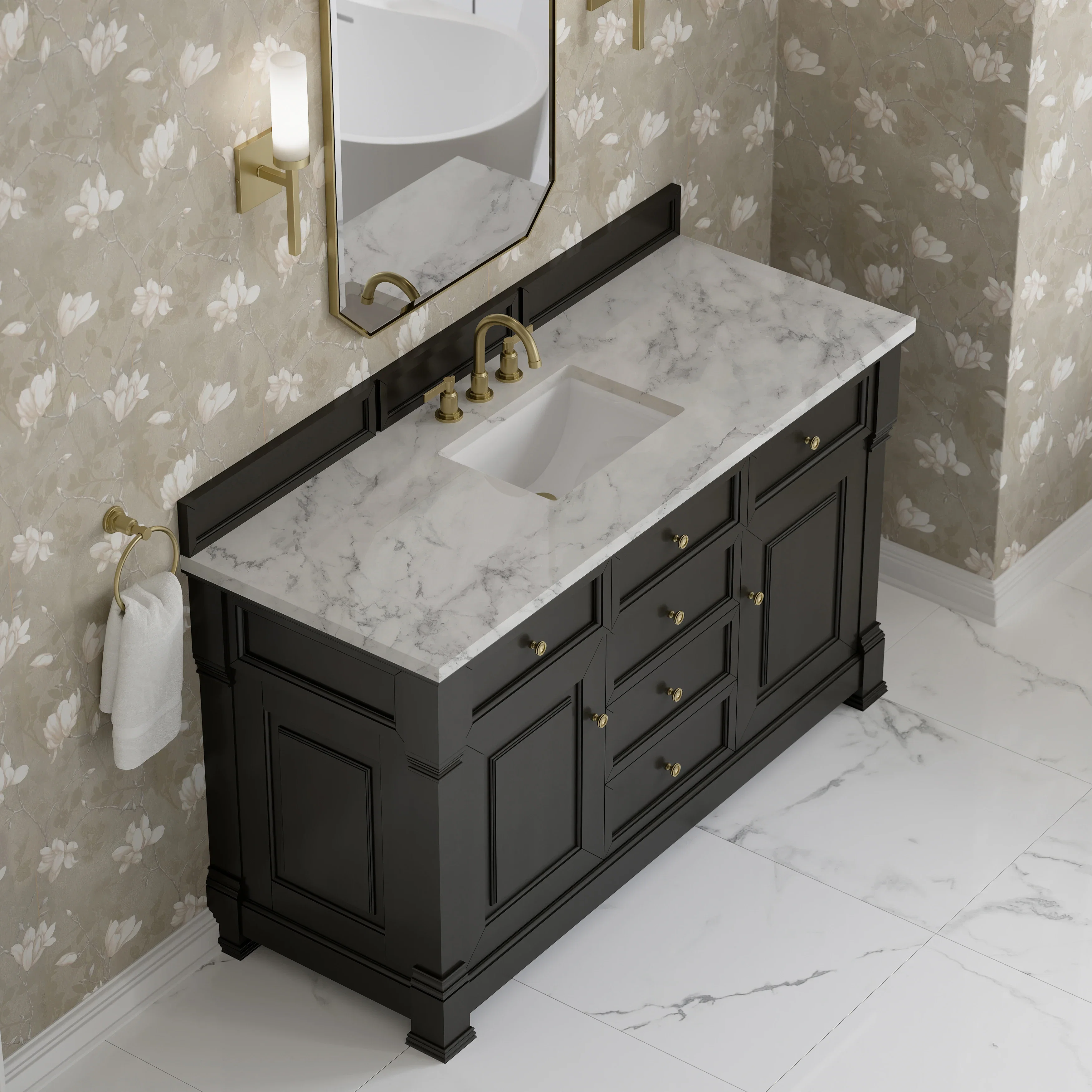 Brookfield 60" Single Vanity, Black Onyx w/3 CM Carrara White Marble Top