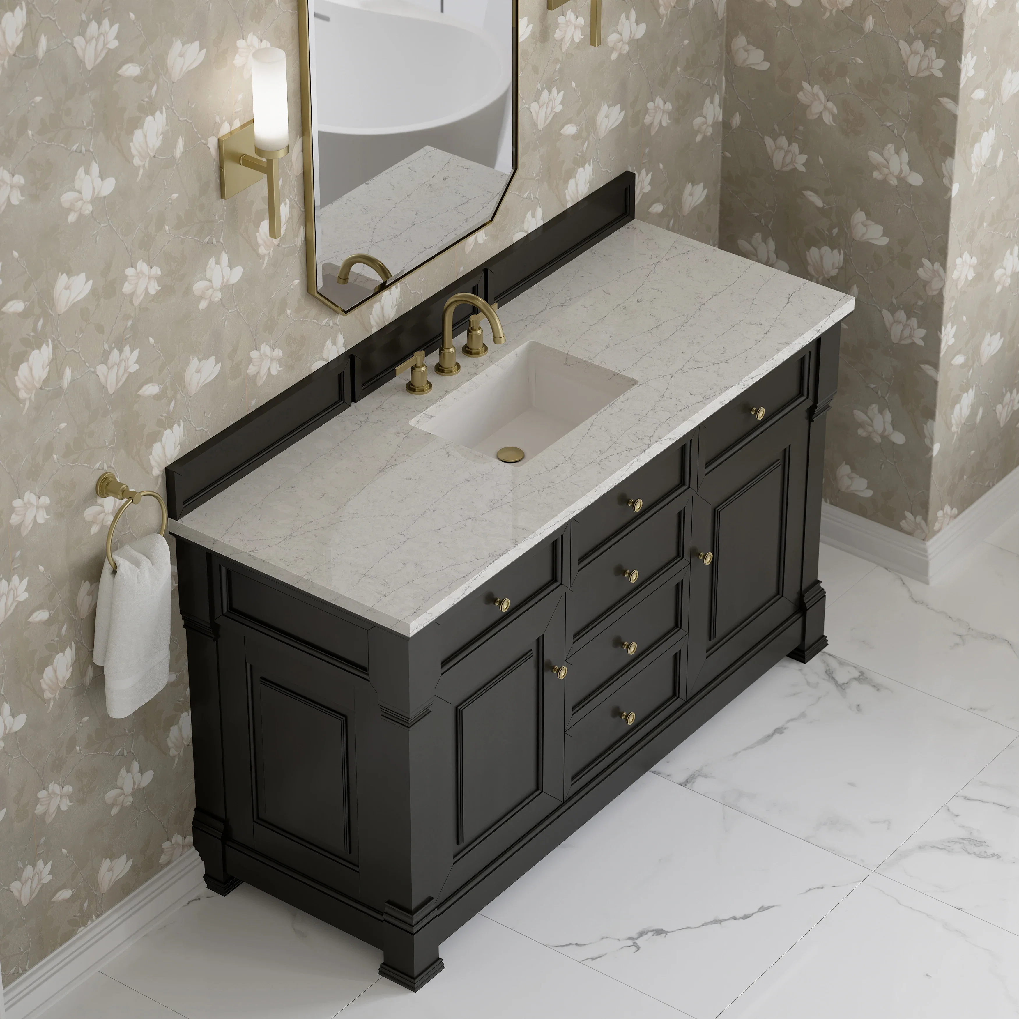 Brookfield 60" Single Vanity, Black Onyx w/3CM Eternal Jasmine Pearl Silestone Top