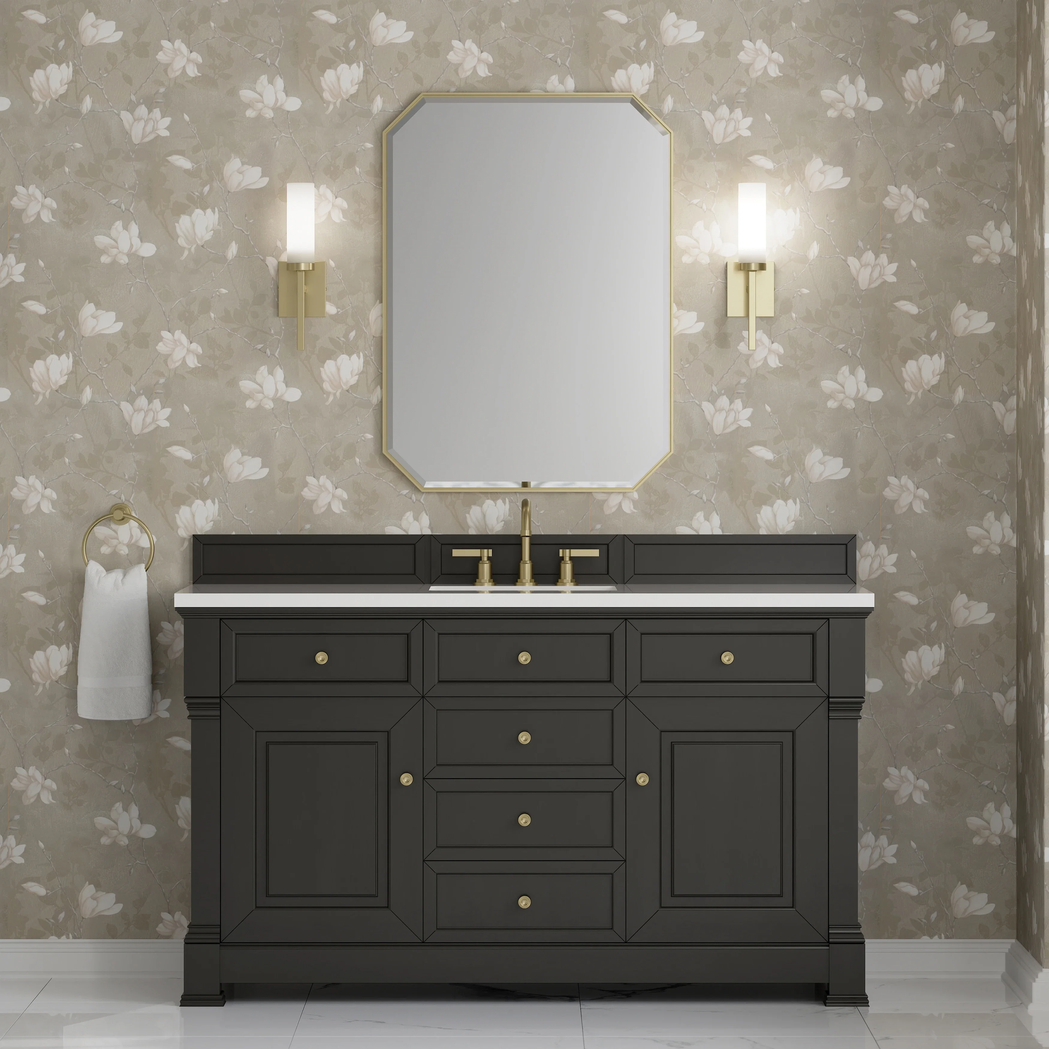 Brookfield 60" Single Vanity, Black Onyx, w/ 3 CM White Zeus Silestone Top