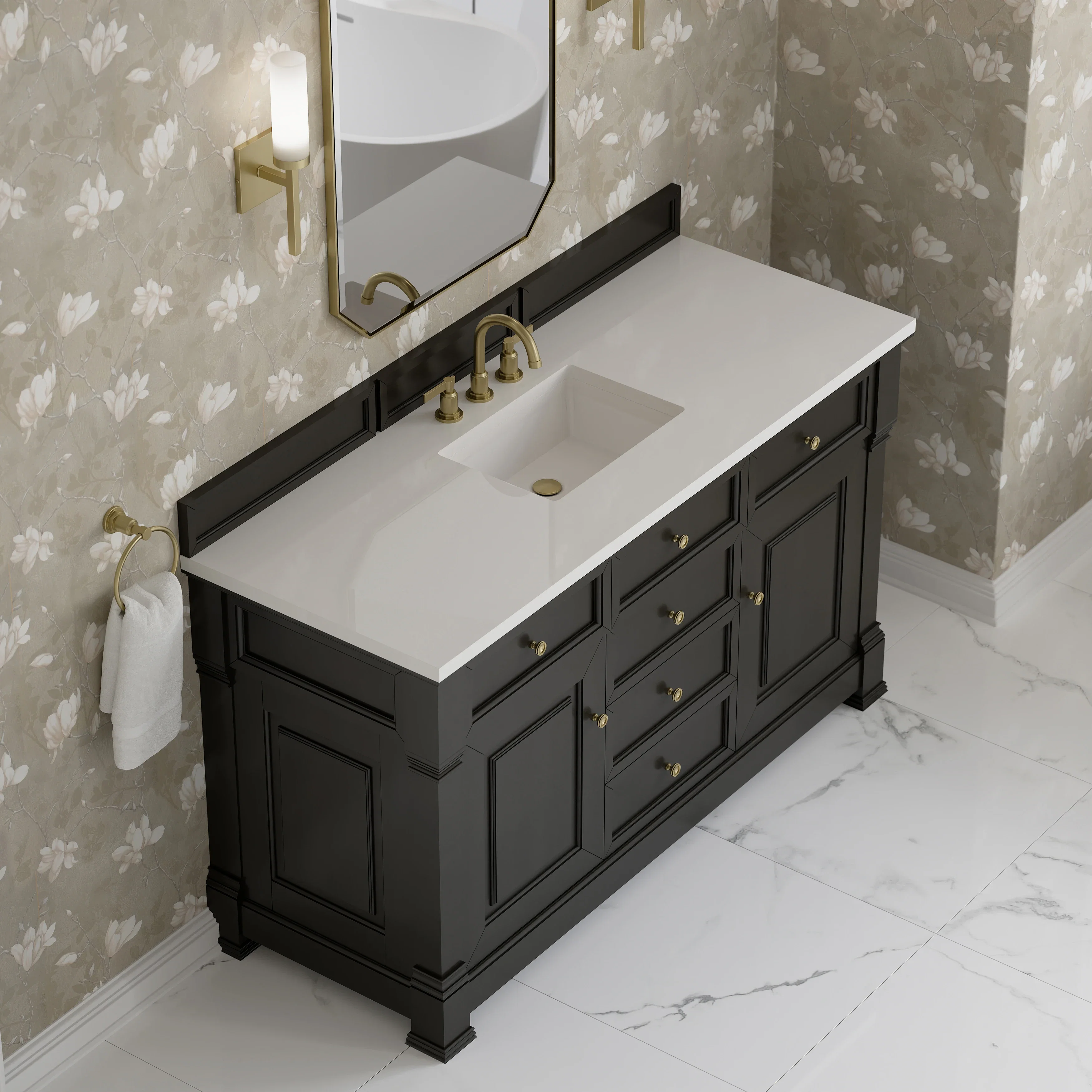 Brookfield 60" Single Vanity, Black Onyx, w/ 3 CM White Zeus Silestone Top