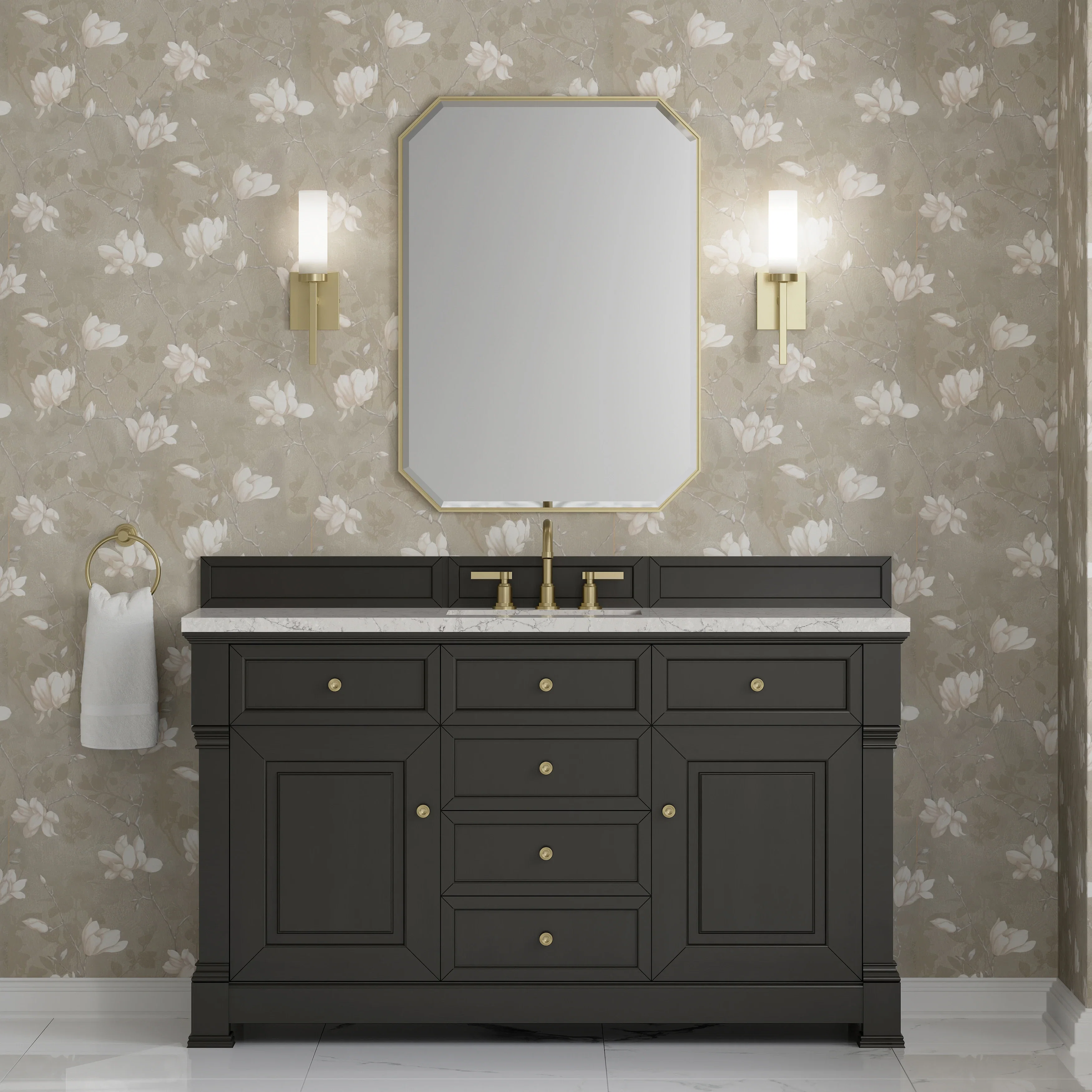 Brookfield 60" Single Vanity, Black Onyx w/3CM Eternal Jasmine Pearl Silestone Top w/ FreePower Wireless Charger