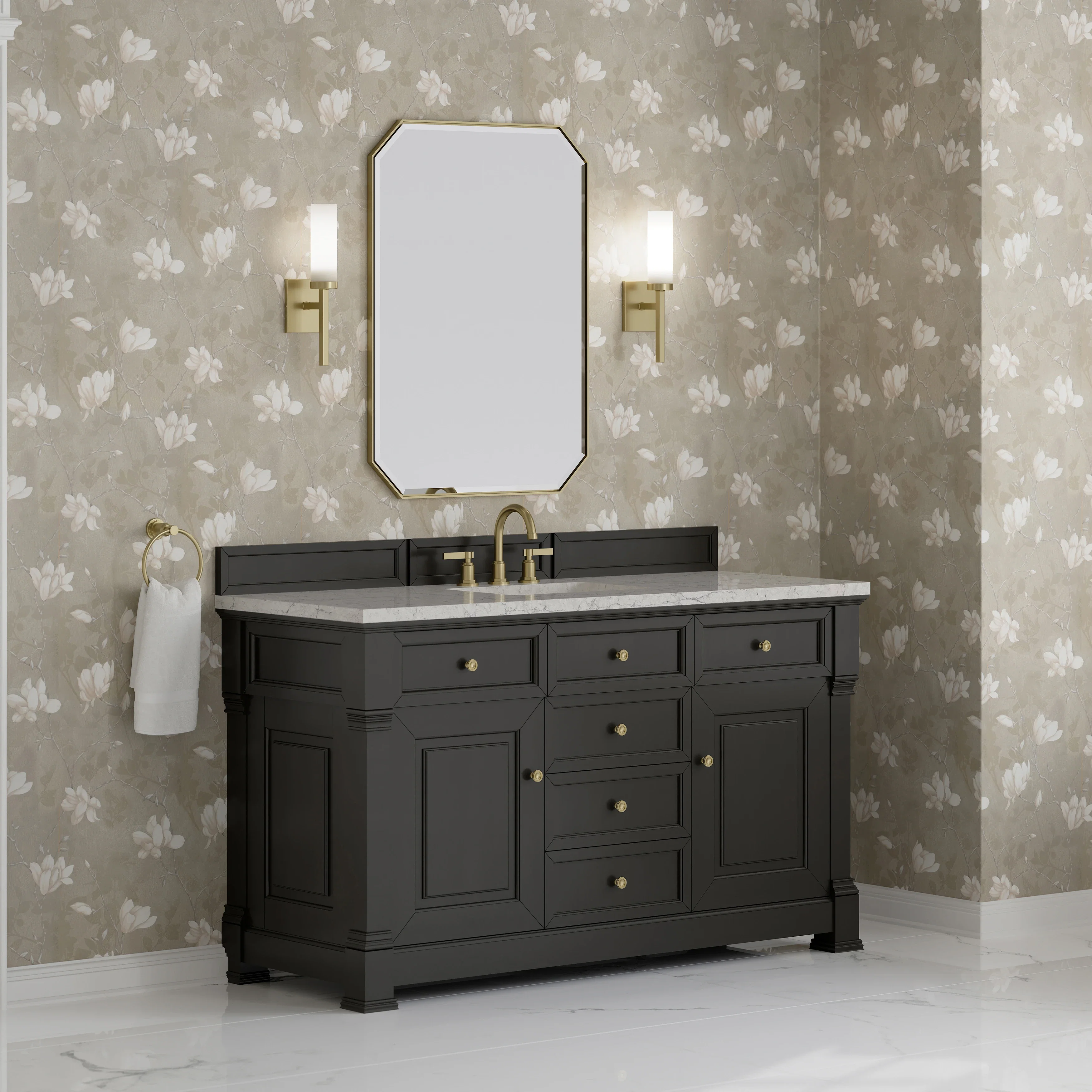 Brookfield 60" Single Vanity, Black Onyx w/3CM Eternal Jasmine Pearl Silestone Top w/ FreePower Wireless Charger
