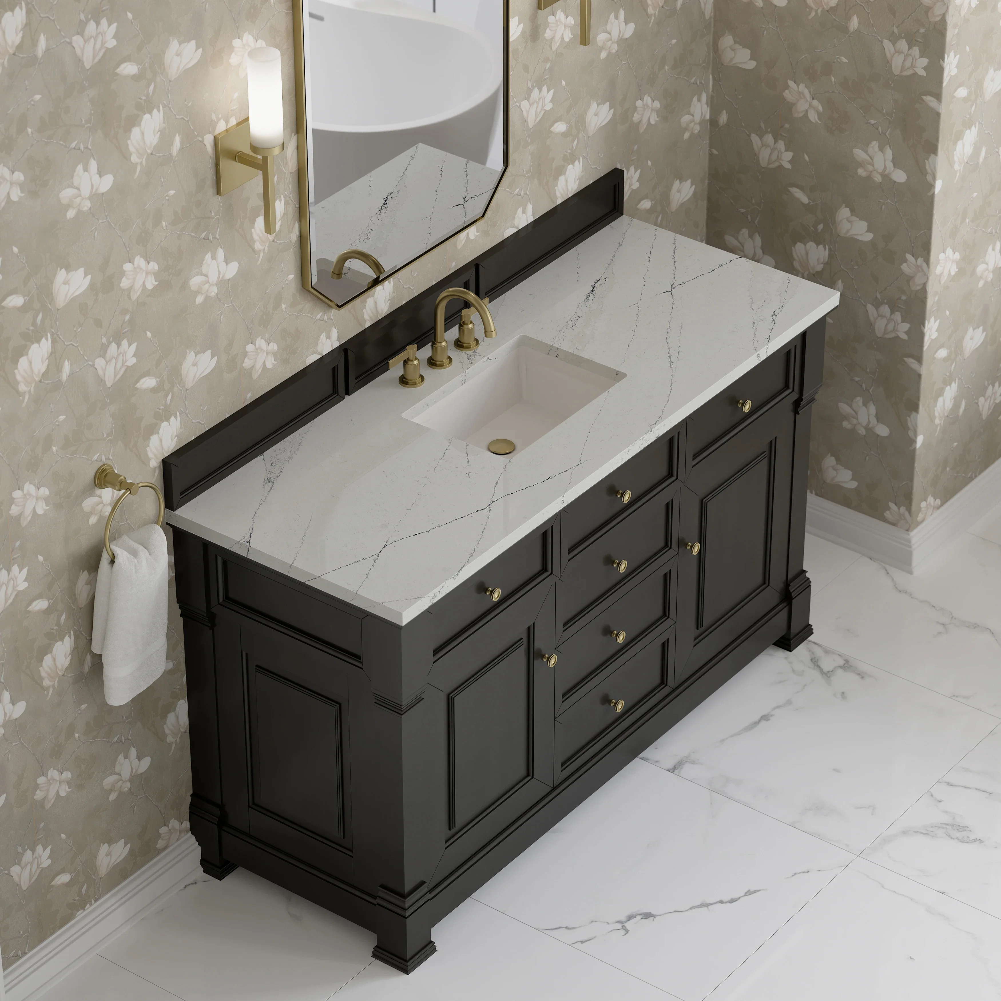 Brookfield 60" Single Vanity, Black Onyx w/ 3 CM Ethereal Noctis Silestone Top w/ FreePower Wireless Charger
