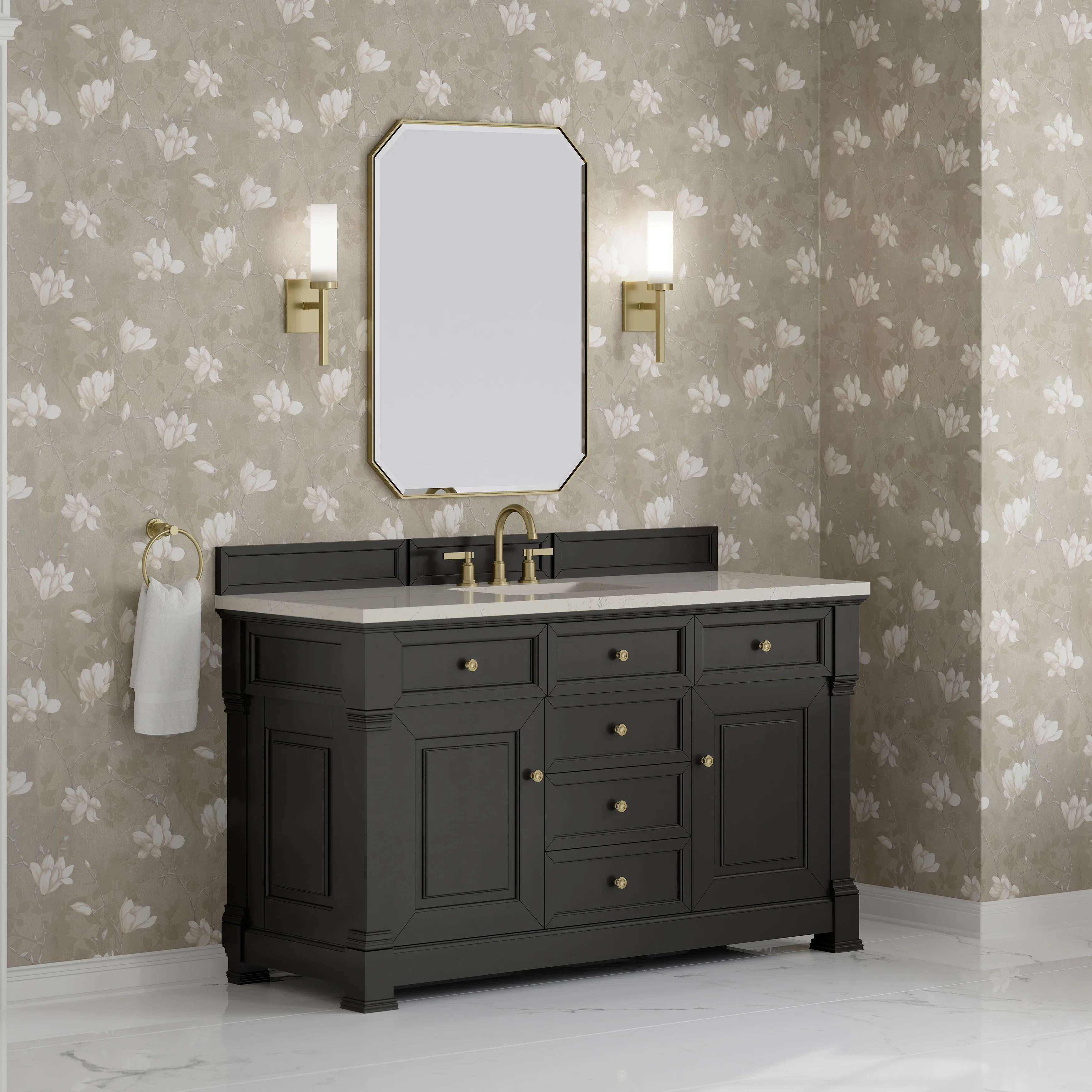 Brookfield 60" Single Vanity, Black Onyx, w/ 3 CM Siberian Silestone Top w/FreePower Wireless Charger