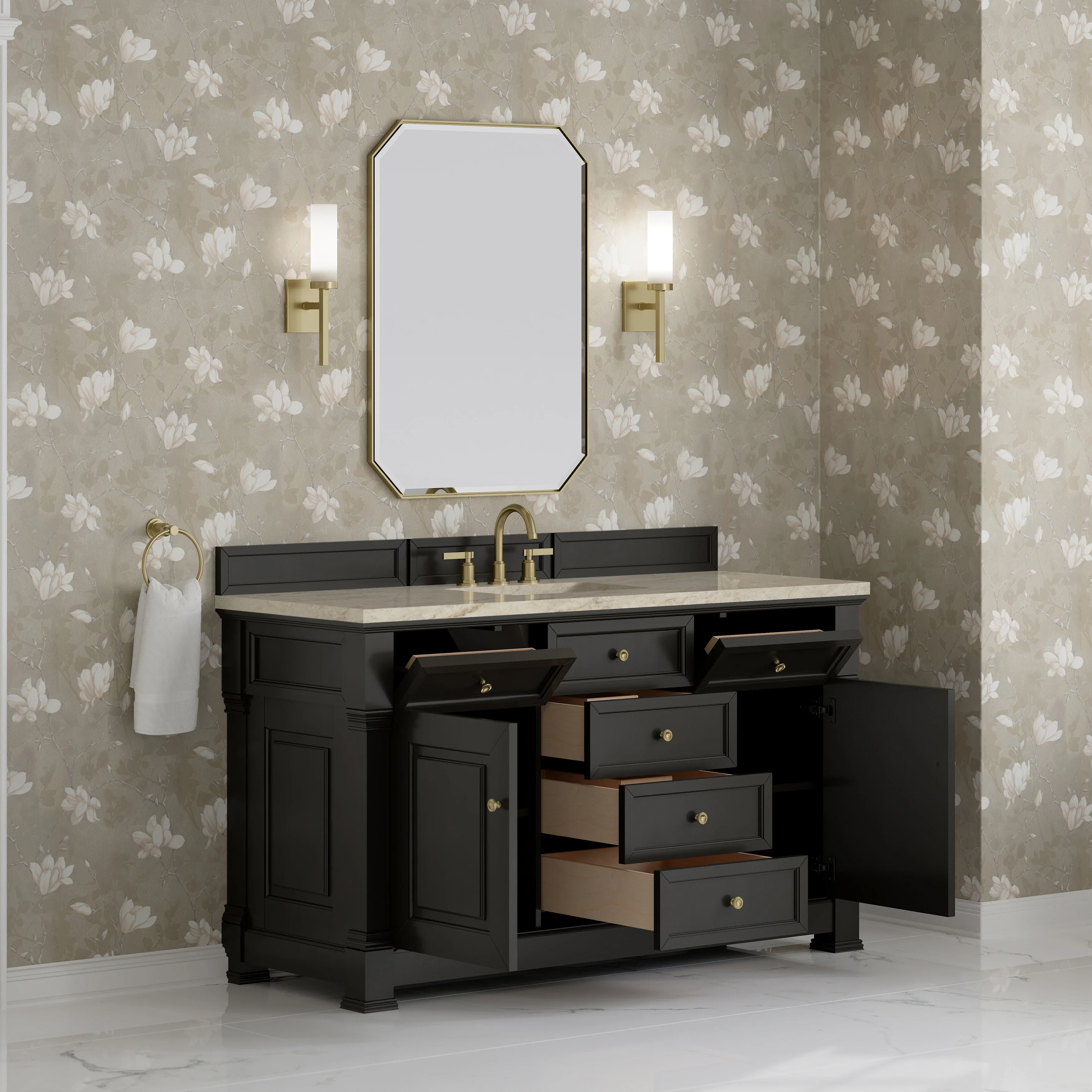 Brookfield 60" Single Vanity, Black Onyx, w/ 3 CM Tajnar Eclos Top w/FreePower Wireless Charger