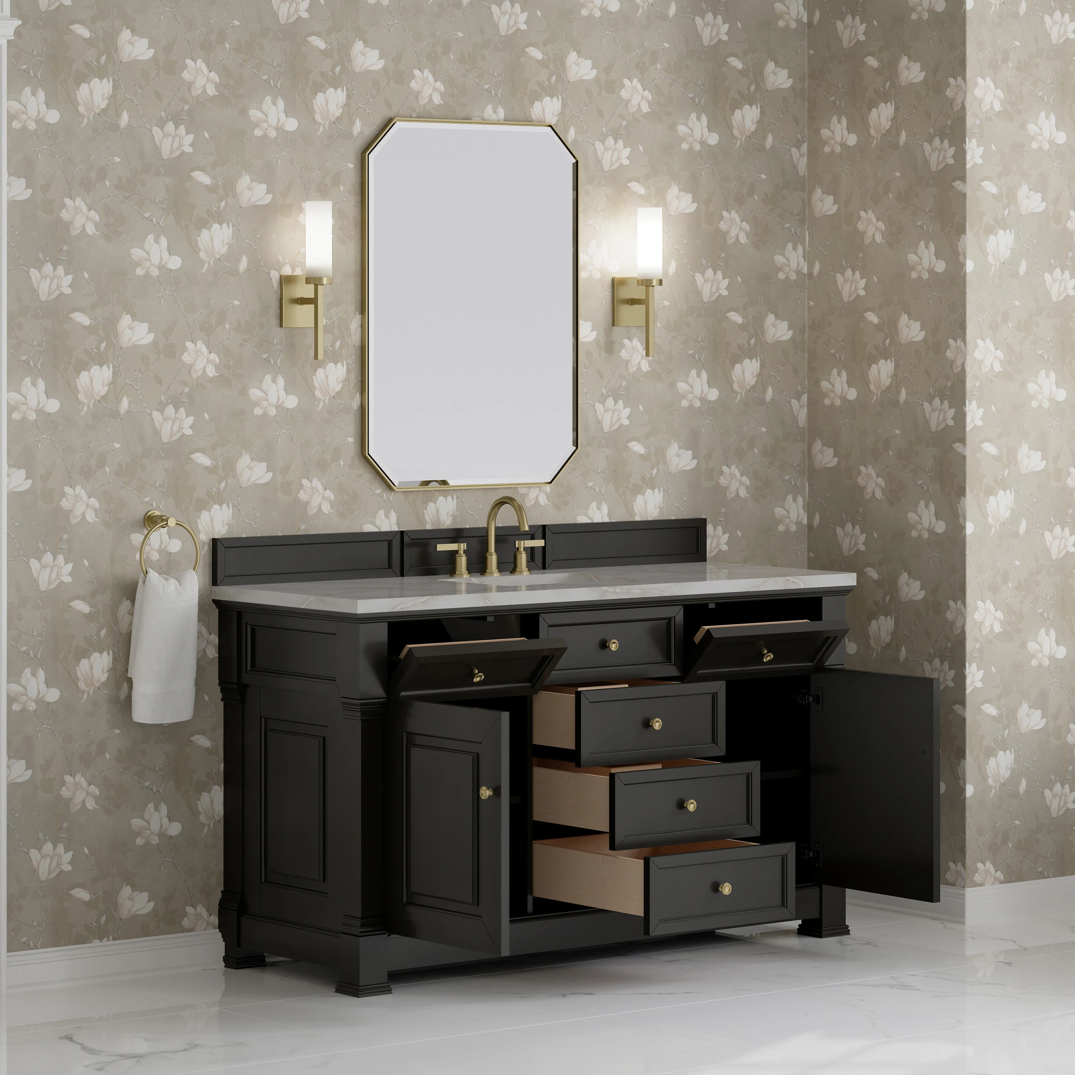 Brookfield 60" Single Vanity, Black Onyx w/ 3 CM Victorian Silver Silestone Top w/ FreePower Wireless Charger