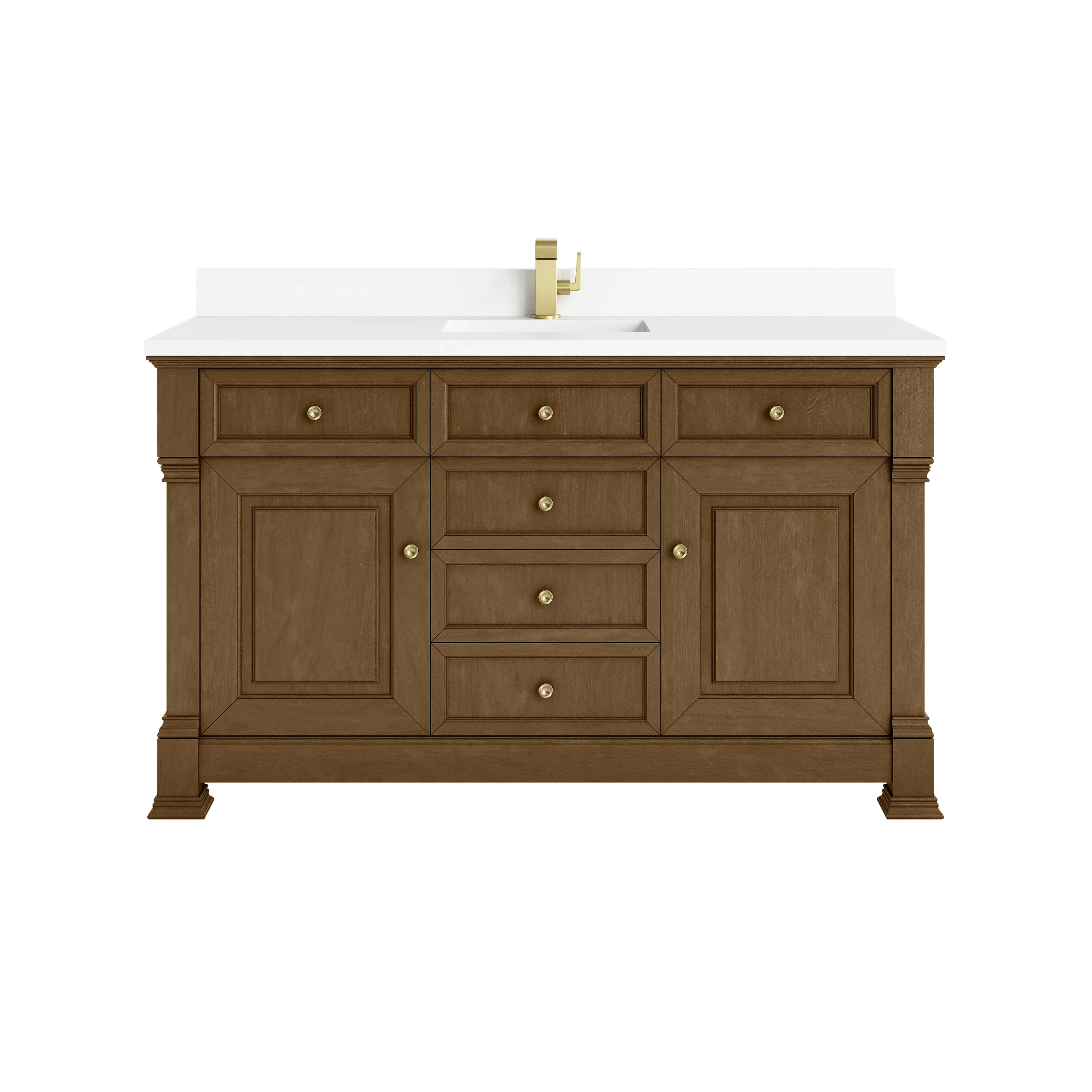 Brookfield 60" Single Vanity, Honey Oak w/ Single Hole 3 CM White Zeus Silestone Top & Backsplash