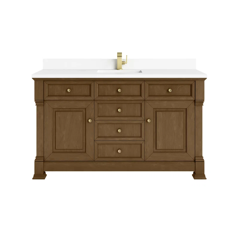 Brookfield 60" Single Vanity, Honey Oak w/ Single Hole 3 CM White Zeus Silestone Top & Backsplash