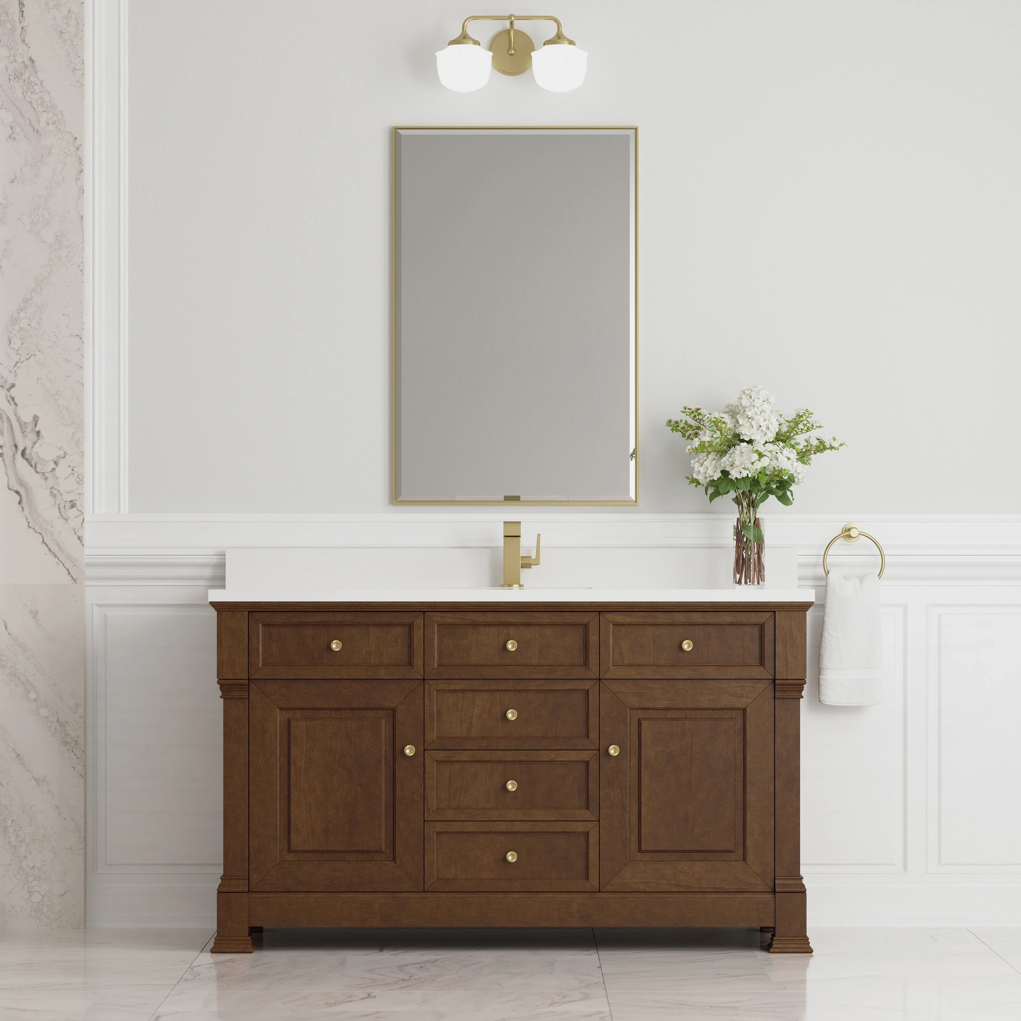 Brookfield 60" Single Vanity, Honey Oak w/ Single Hole 3 CM White Zeus Silestone Top & Backsplash