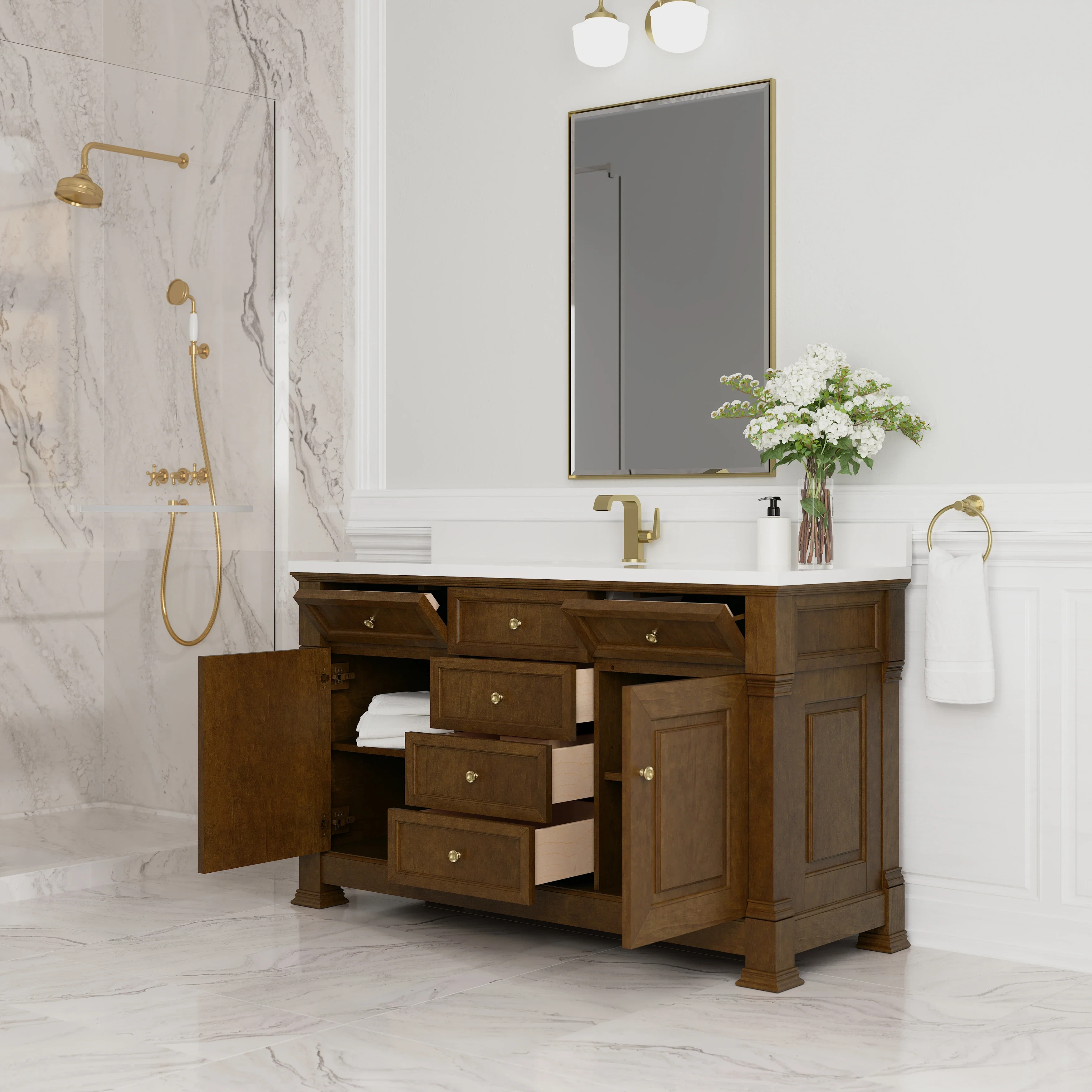 Brookfield 60" Single Vanity, Honey Oak w/ Single Hole 3 CM White Zeus Silestone Top & Backsplash