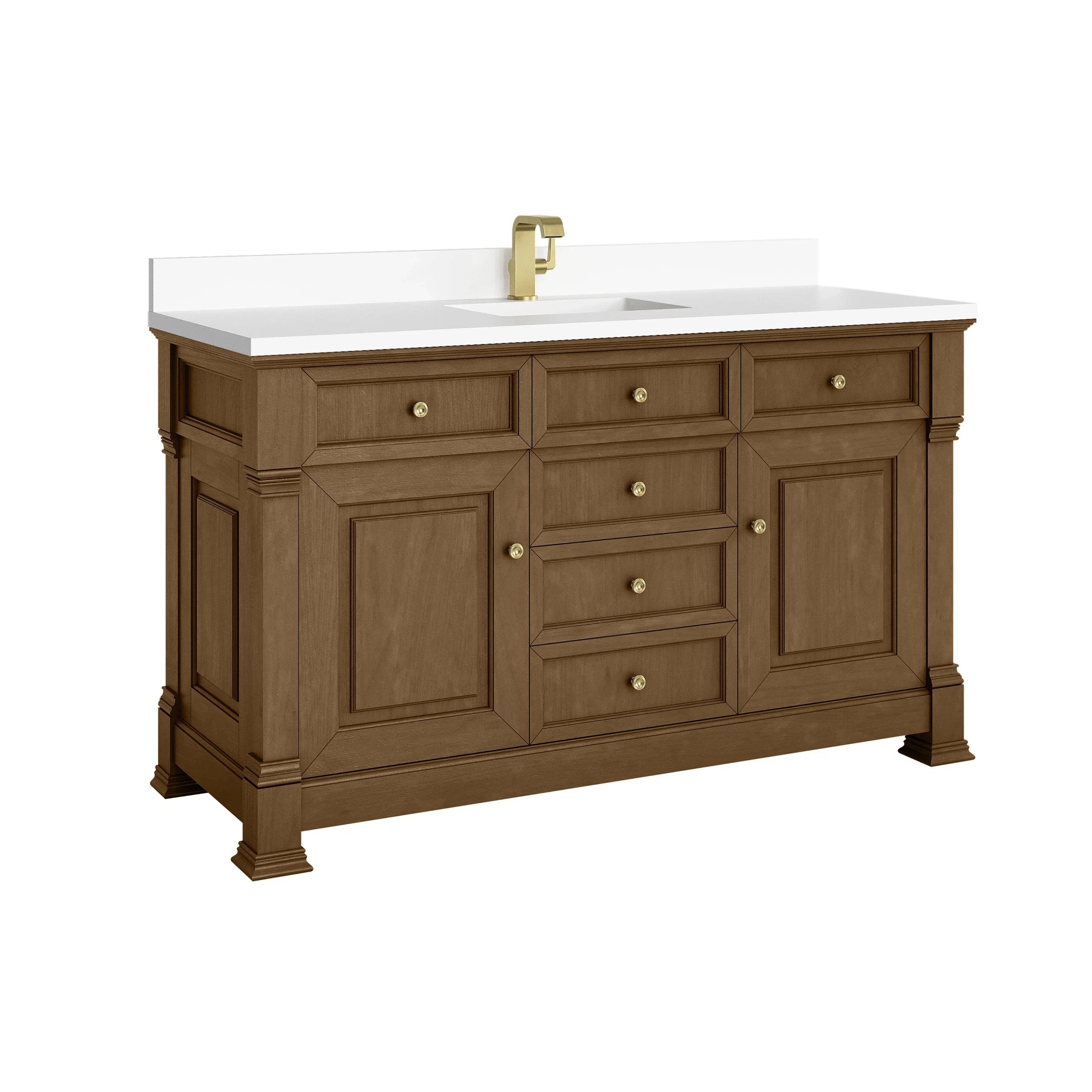Brookfield 60" Single Vanity, Honey Oak w/ Single Hole 3 CM White Zeus Silestone Top & Backsplash