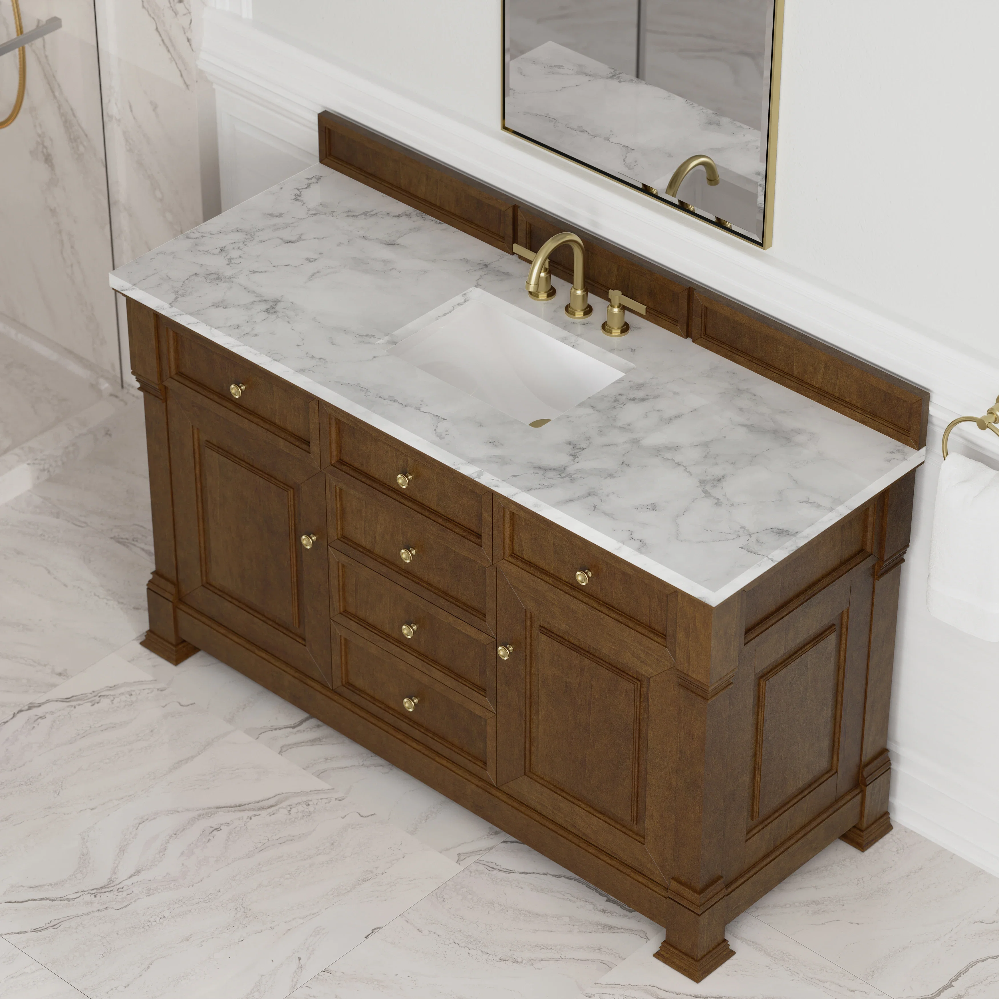 Brookfield 60" Single Vanity, Honey Oak w/3 CM Carrara White Marble Top
