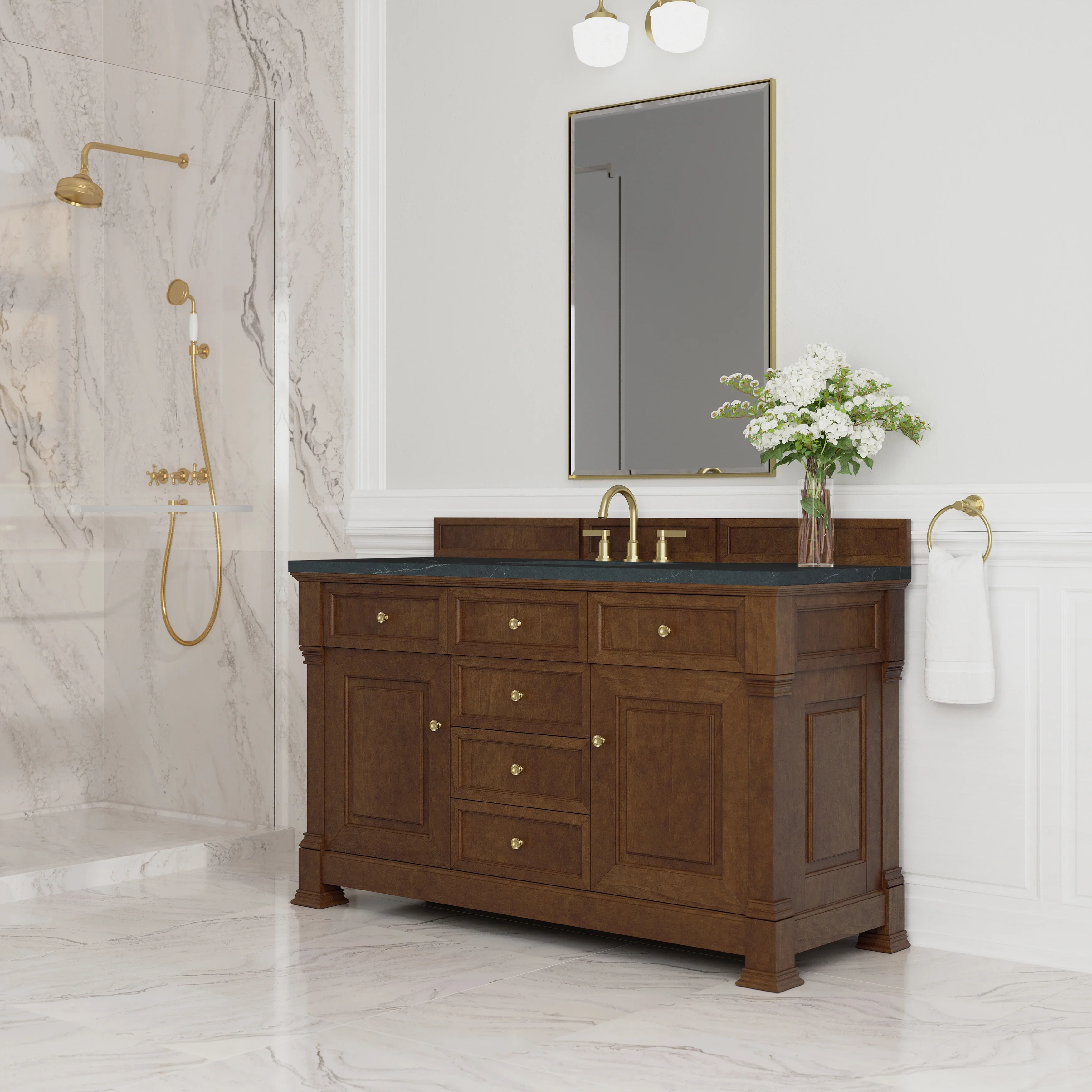 Brookfield 60" Single Vanity, Honey Oak w/3 CM Charcoal Soapstone Silestone Top