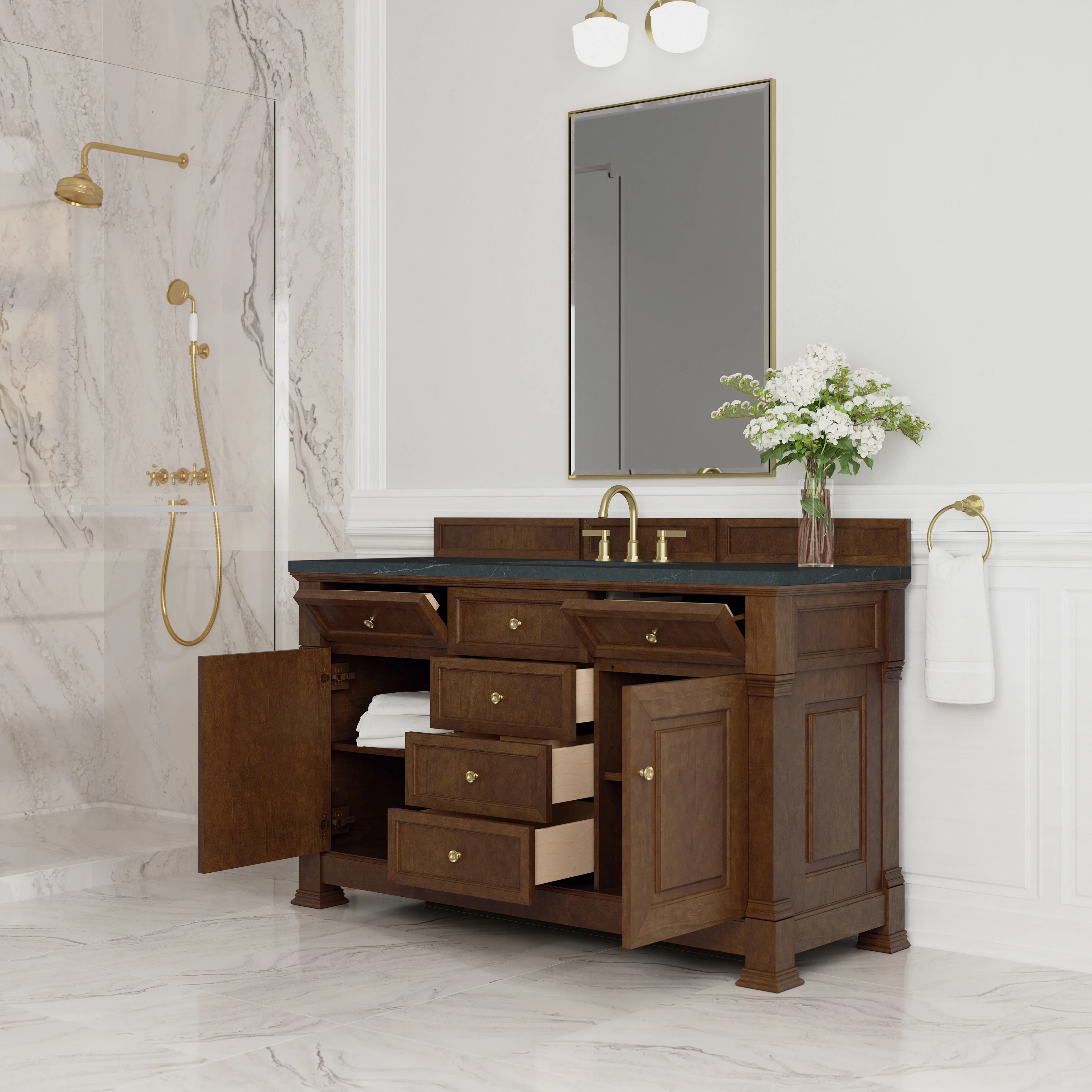 Brookfield 60" Single Vanity, Honey Oak w/3 CM Charcoal Soapstone Silestone Top