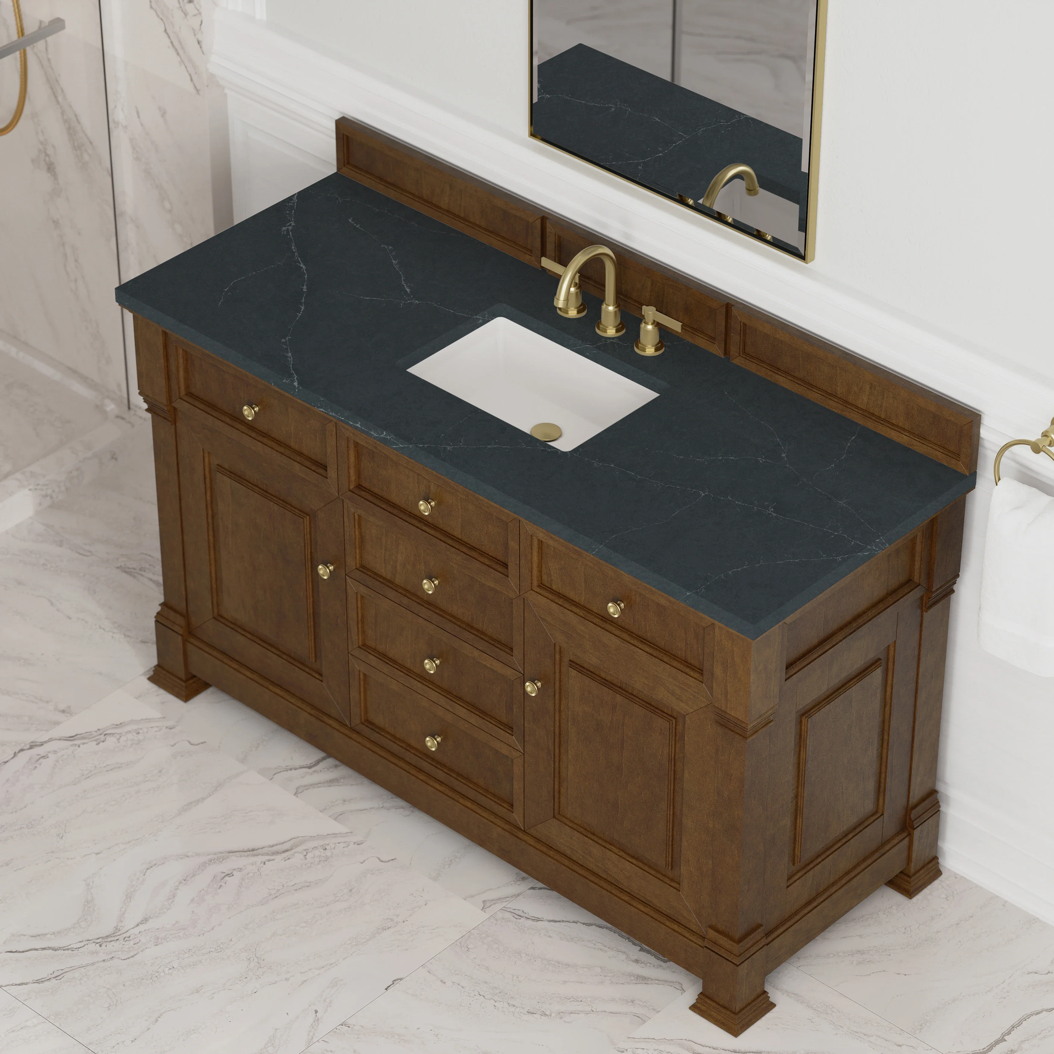 Brookfield 60" Single Vanity, Honey Oak w/3 CM Charcoal Soapstone Silestone Top