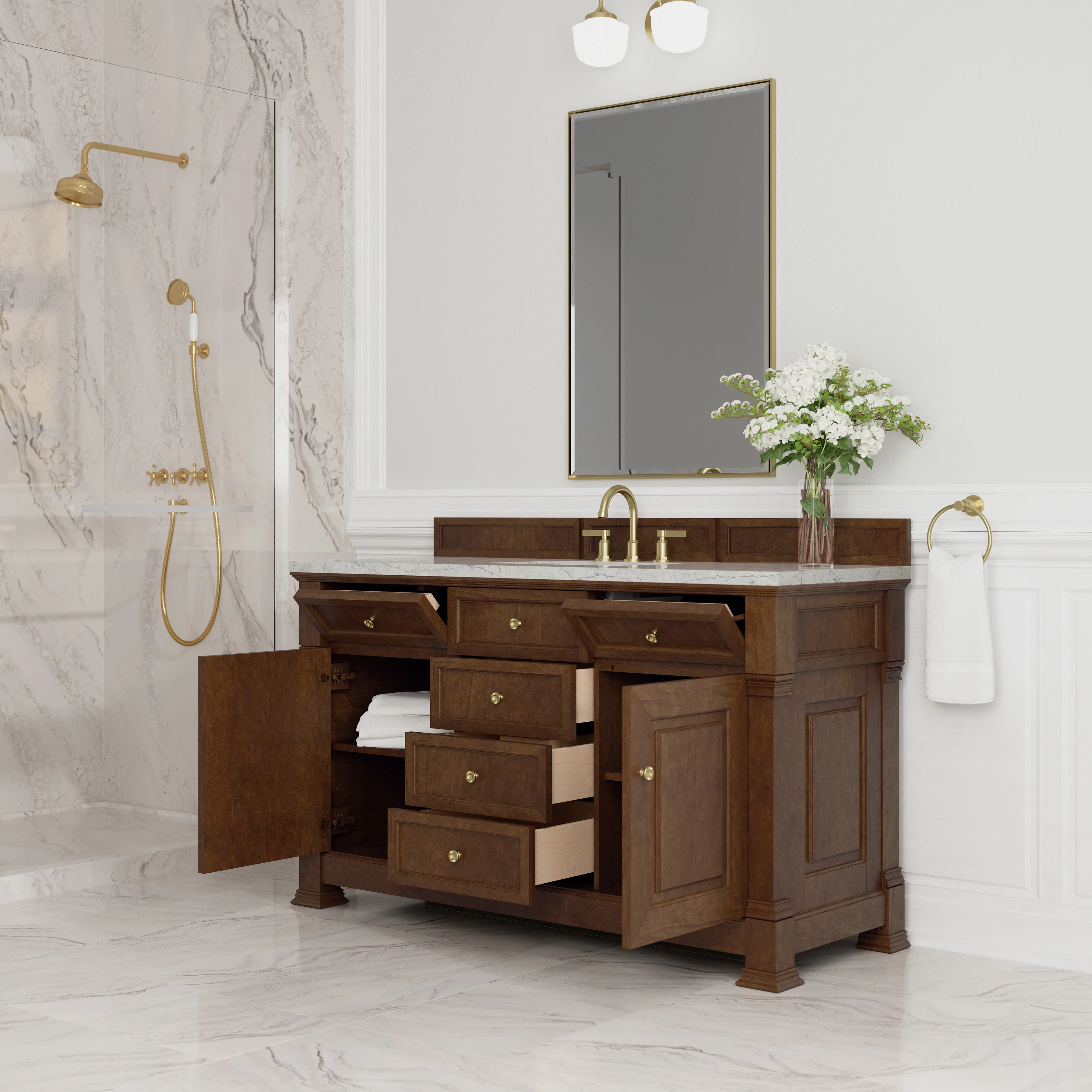 Brookfield 60" Single Vanity, Honey Oak w/3 CM Eternal Jasmine Pearl Silestone Top