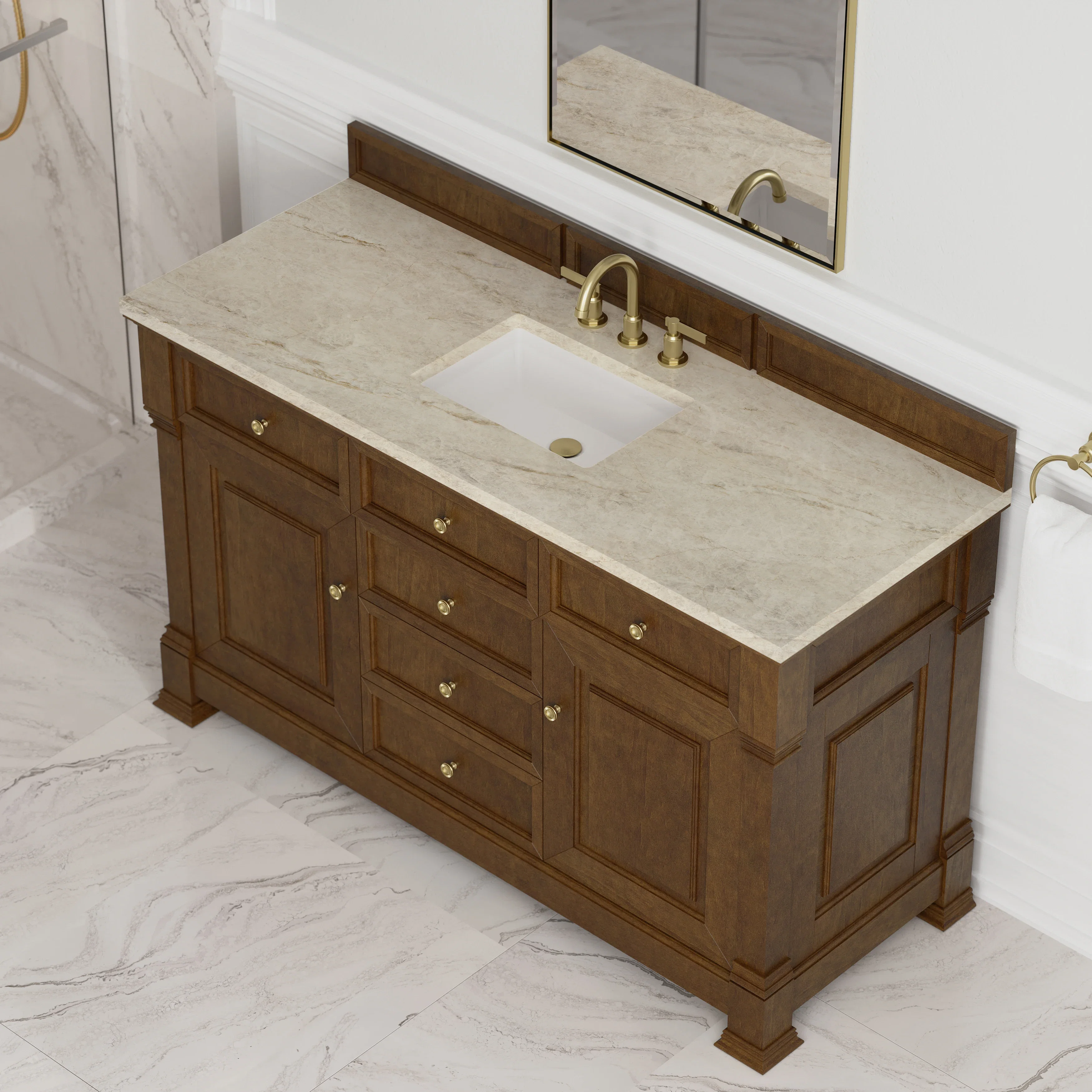 Brookfield 60" Single Vanity, Honey Oak, w/ 3 CM Tajnar Eclos Top