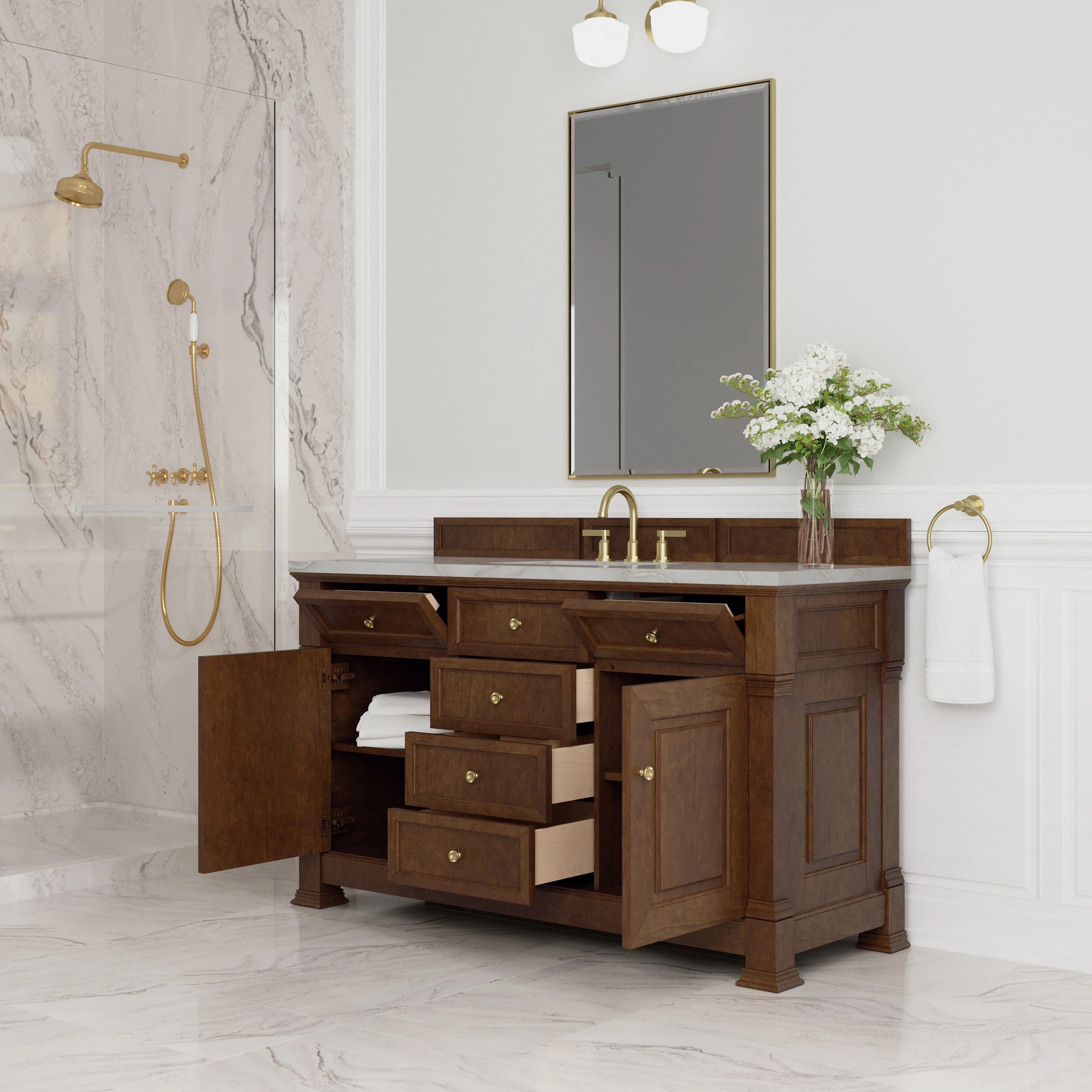 Brookfield 60" Single Vanity, Honey Oak w/ 3 CM Victorian Silver Silestone Top