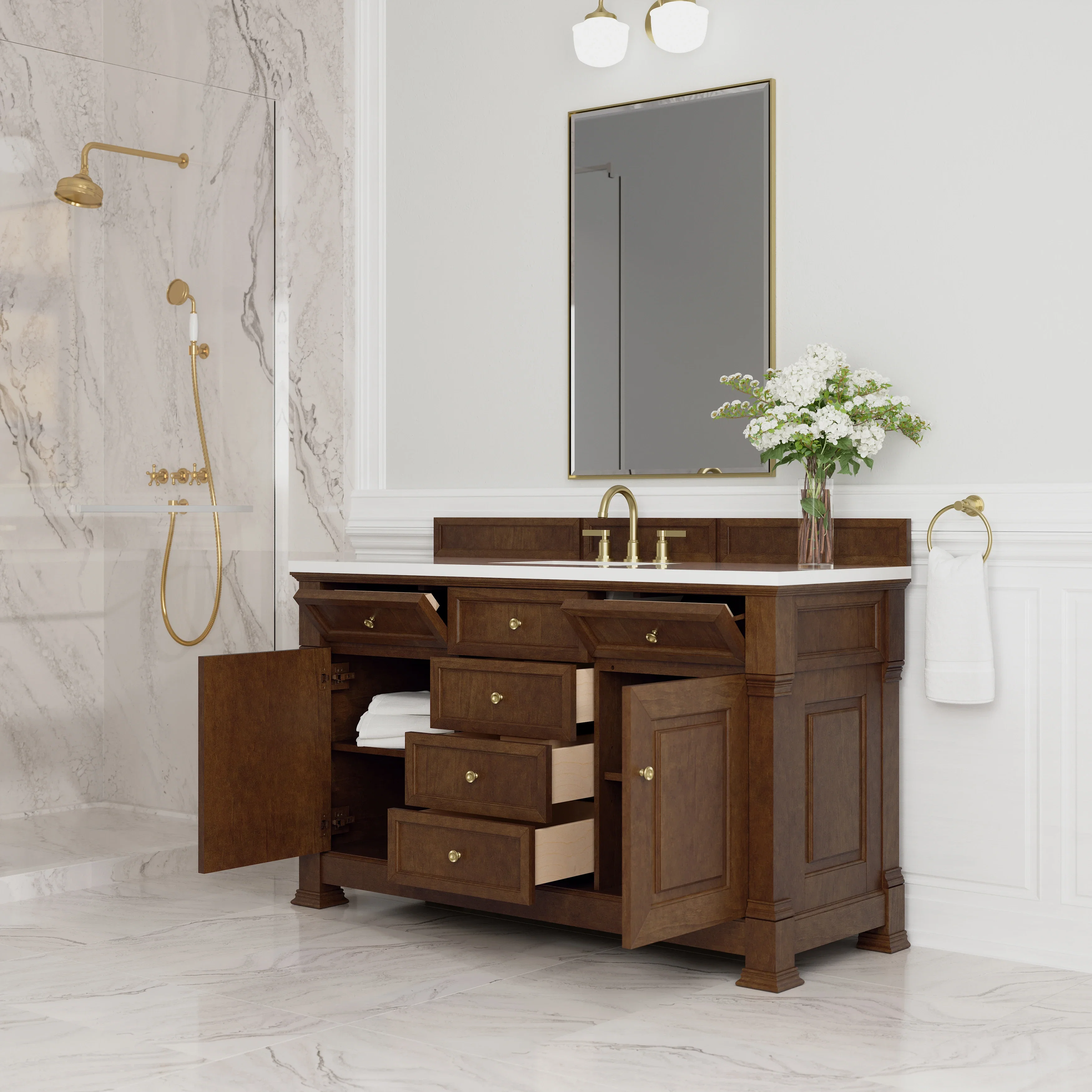 Brookfield 60" Single Vanity, Honey Oak,  w/ 3 CM White Zeus Silestone Top