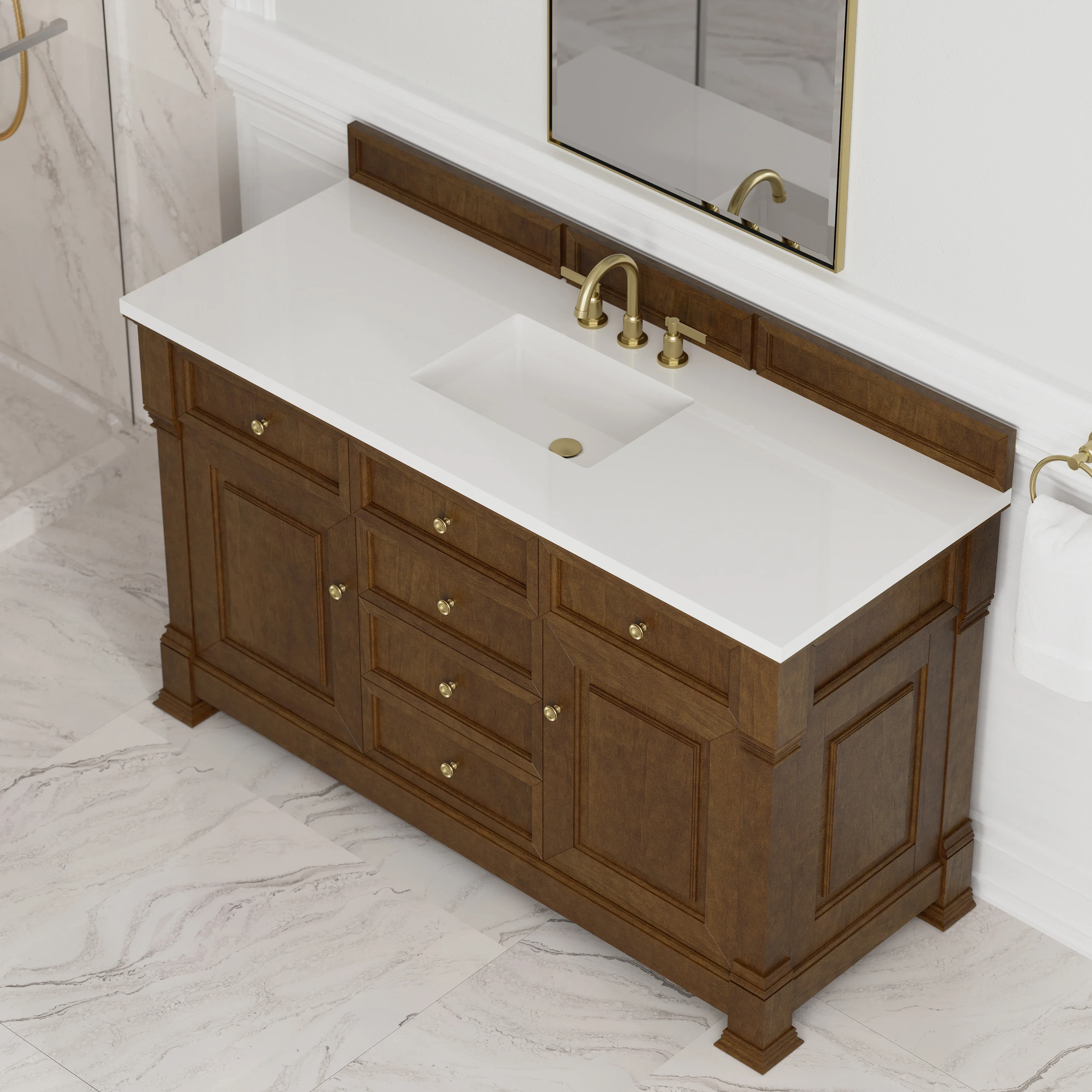 Brookfield 60" Single Vanity, Honey Oak,  w/ 3 CM White Zeus Silestone Top
