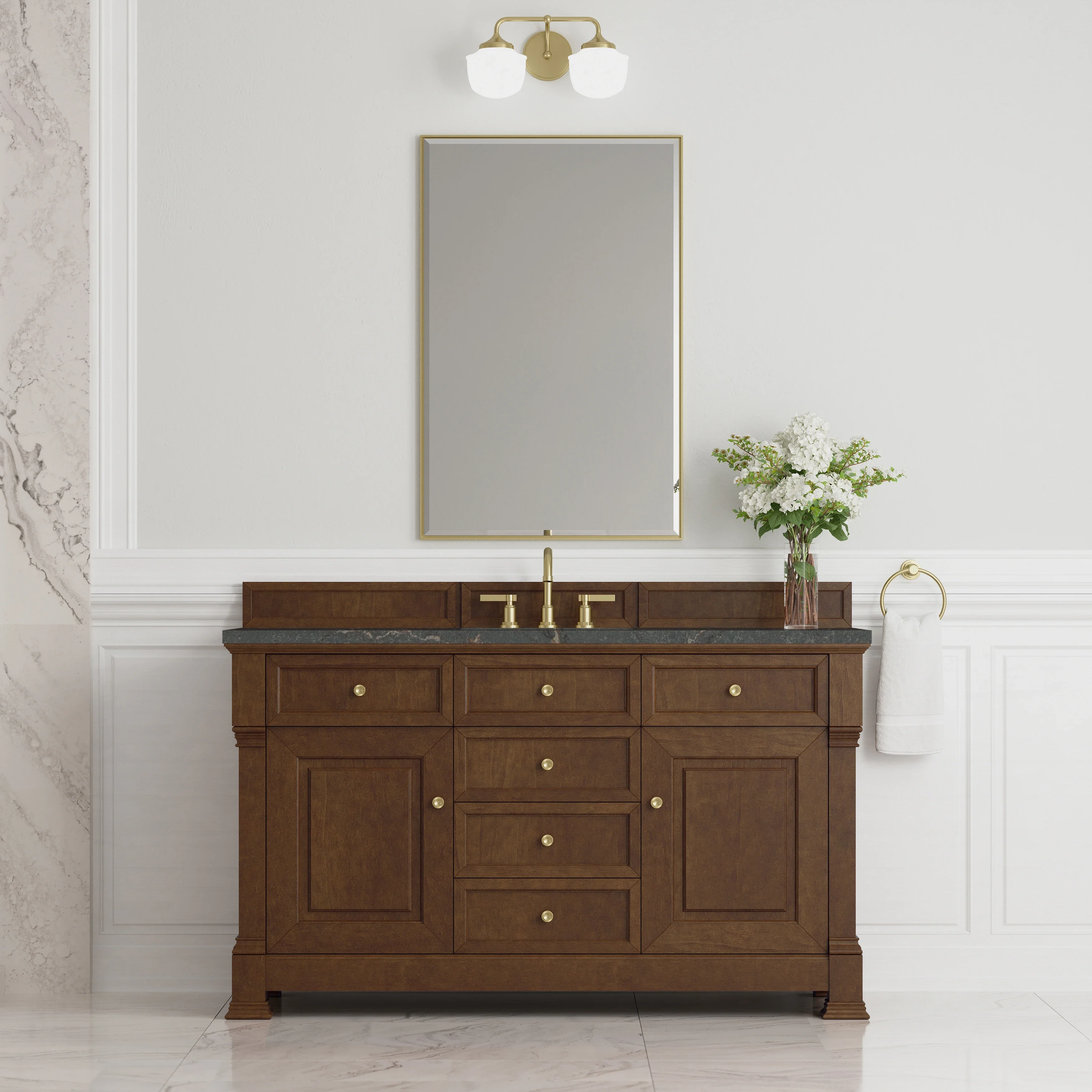 Brookfield 60" Single Vanity, Honey Oak w/ 3 CM Parisien Bleu Silestone Top w/ FreePower Wireless Charger