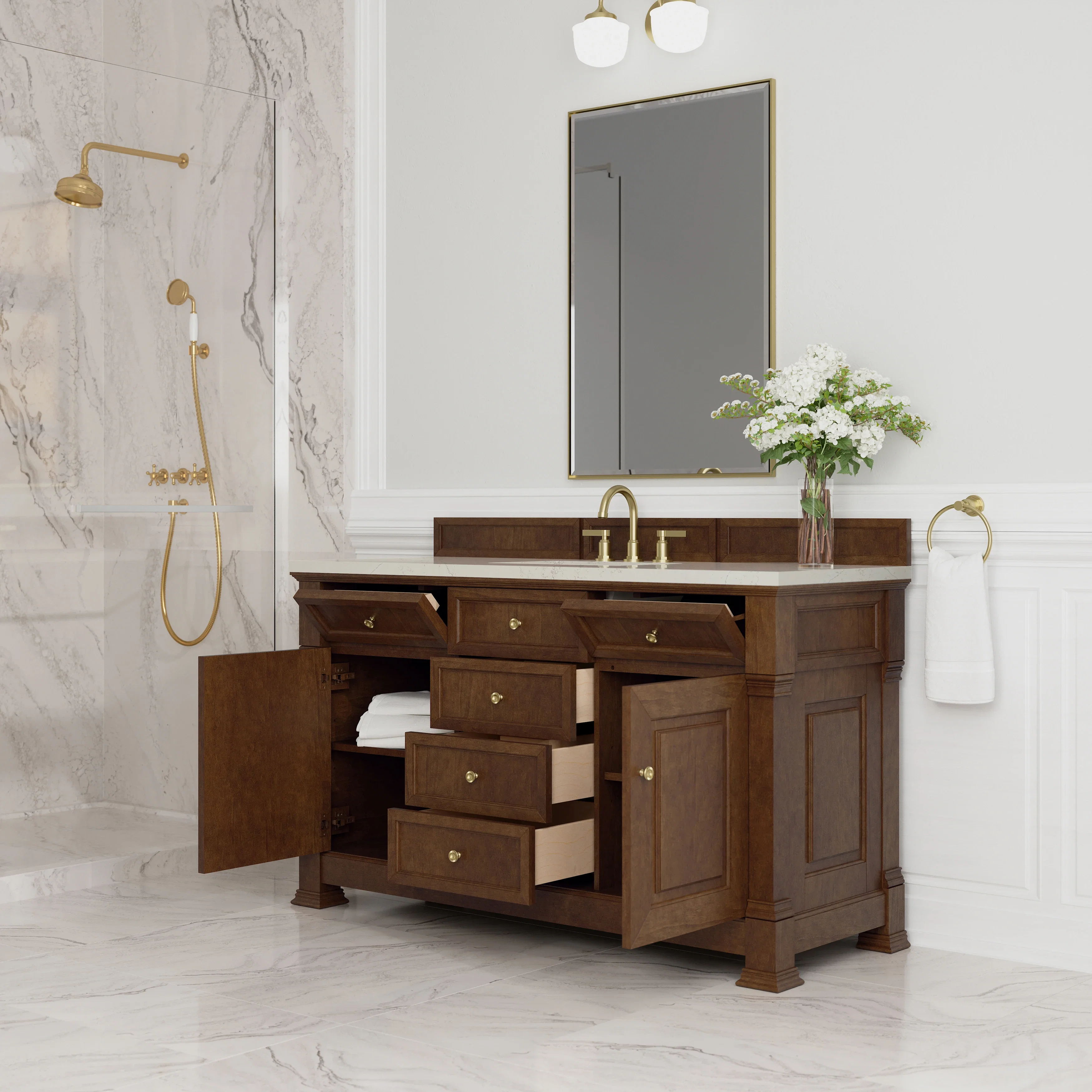 Brookfield 60" Single Vanity, Honey Oak, w/ 3 CM Siberian Silestone Top w/FreePower Wireless Charger