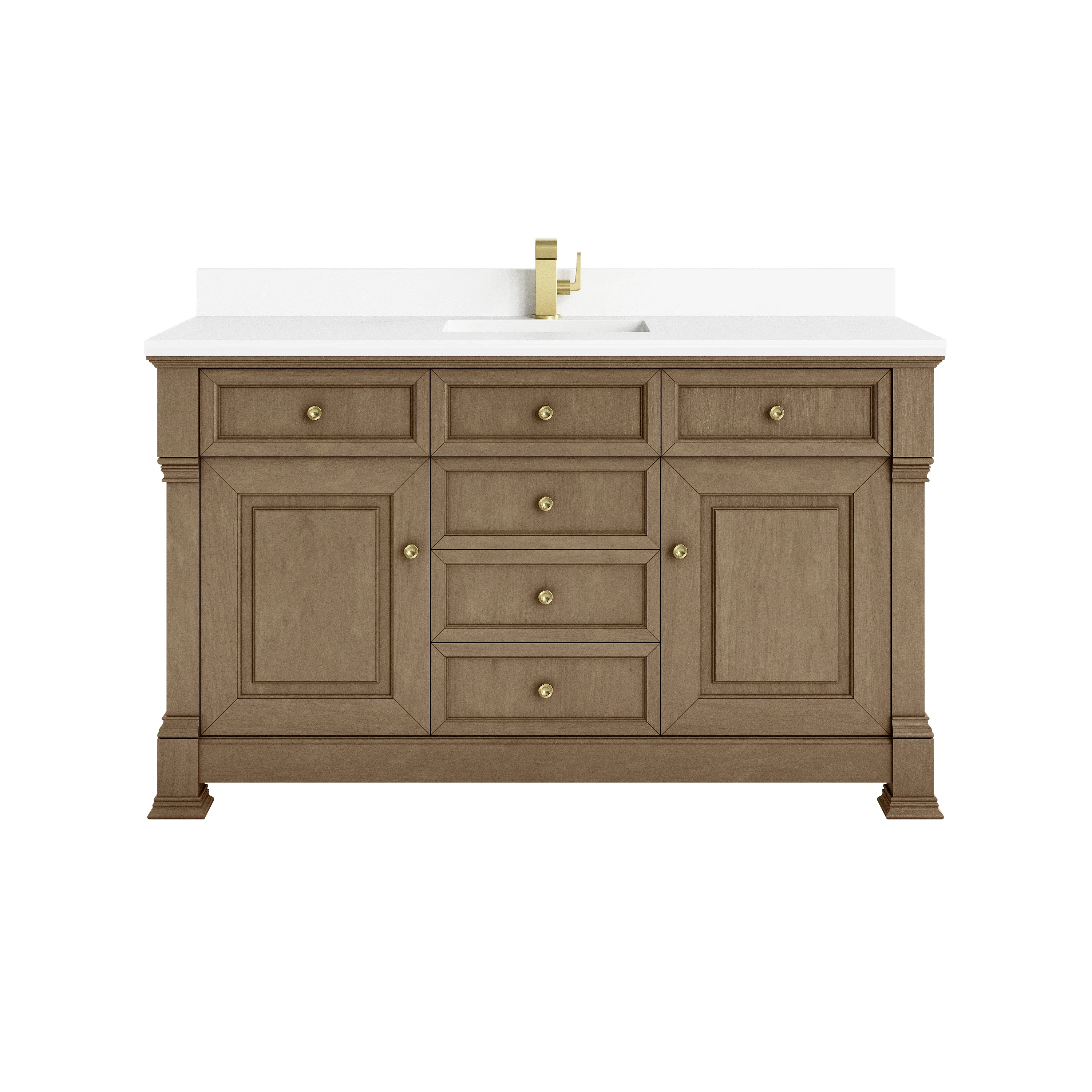 Brookfield 60" Single Vanity, Pecan w/ Single Hole 3CM White Zeus Silestone Top & Backsplash