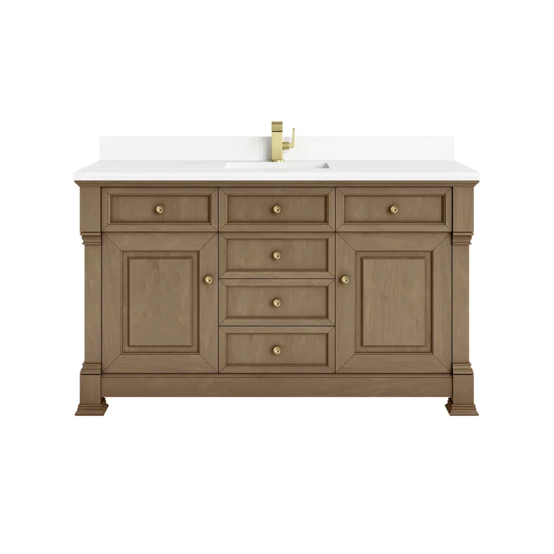 Brookfield 60" Single Vanity, Pecan w/ Single Hole 3CM White Zeus Silestone Top & Backsplash