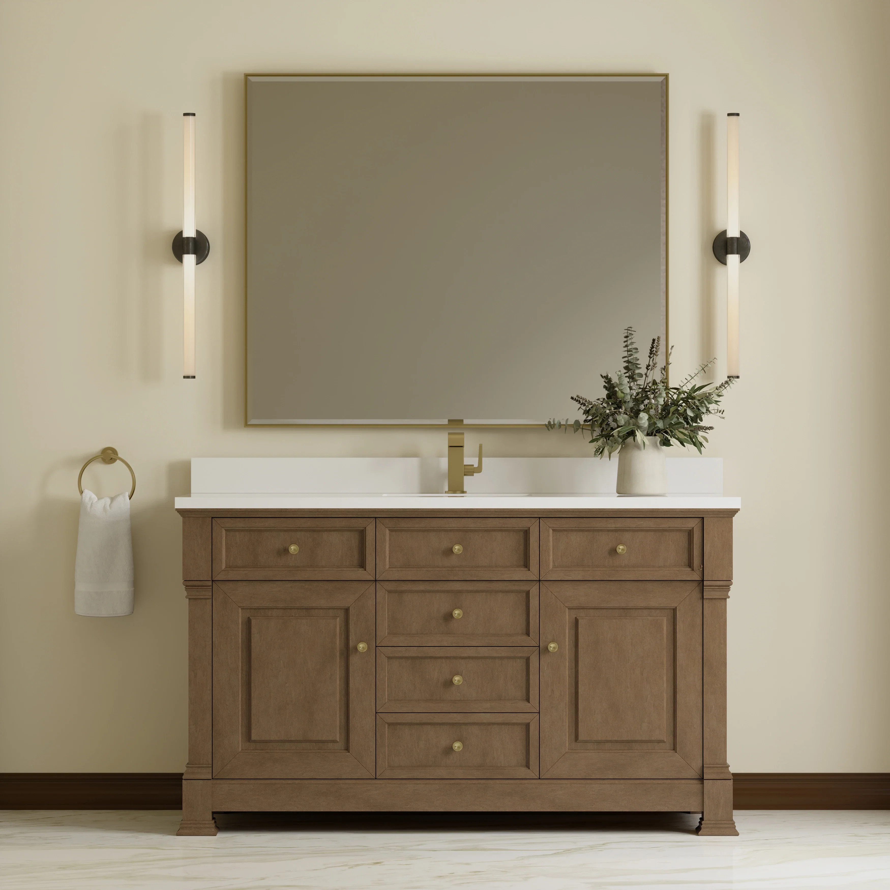 Brookfield 60" Single Vanity, Pecan w/ Single Hole 3CM White Zeus Silestone Top & Backsplash