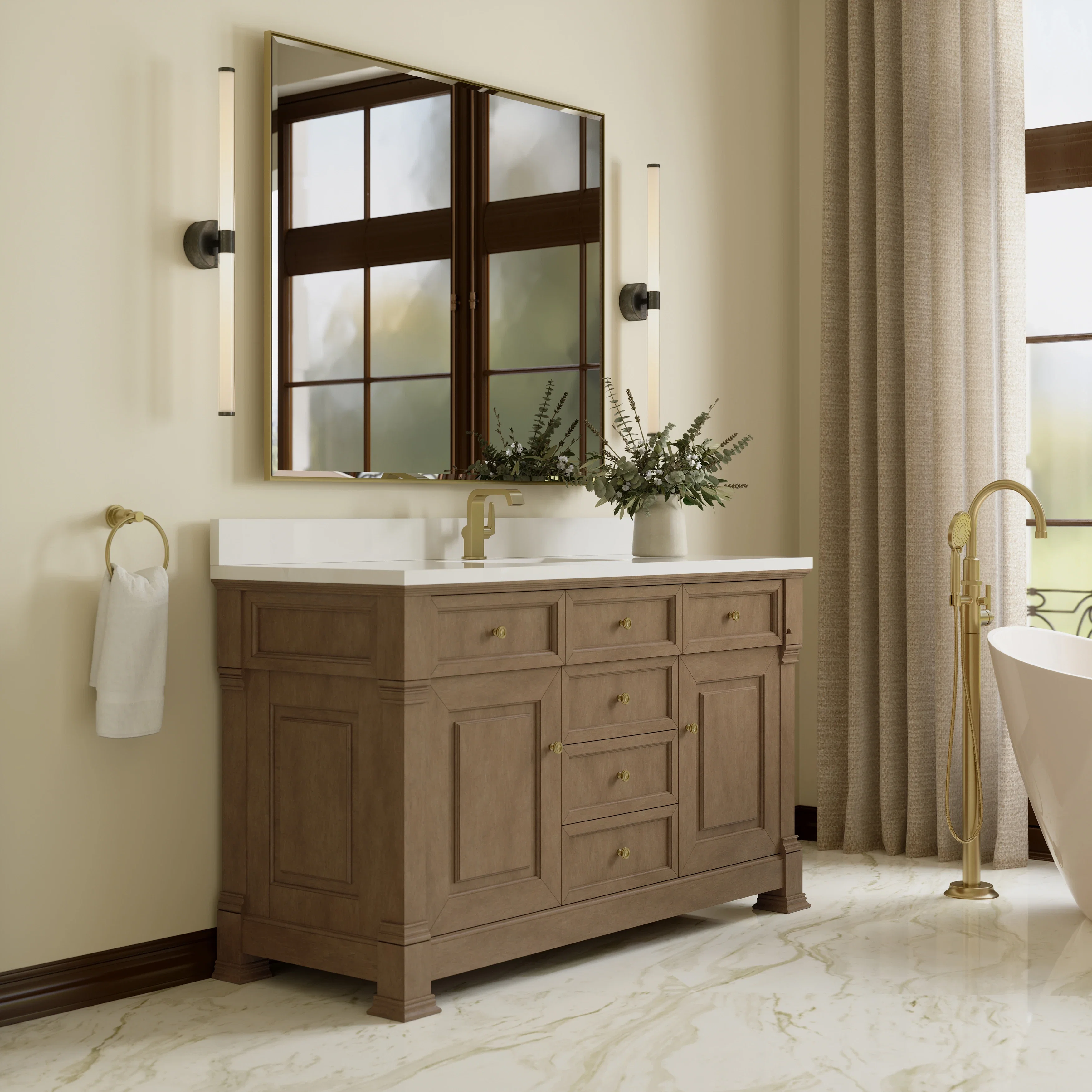 Brookfield 60" Single Vanity, Pecan w/ Single Hole 3CM White Zeus Silestone Top & Backsplash