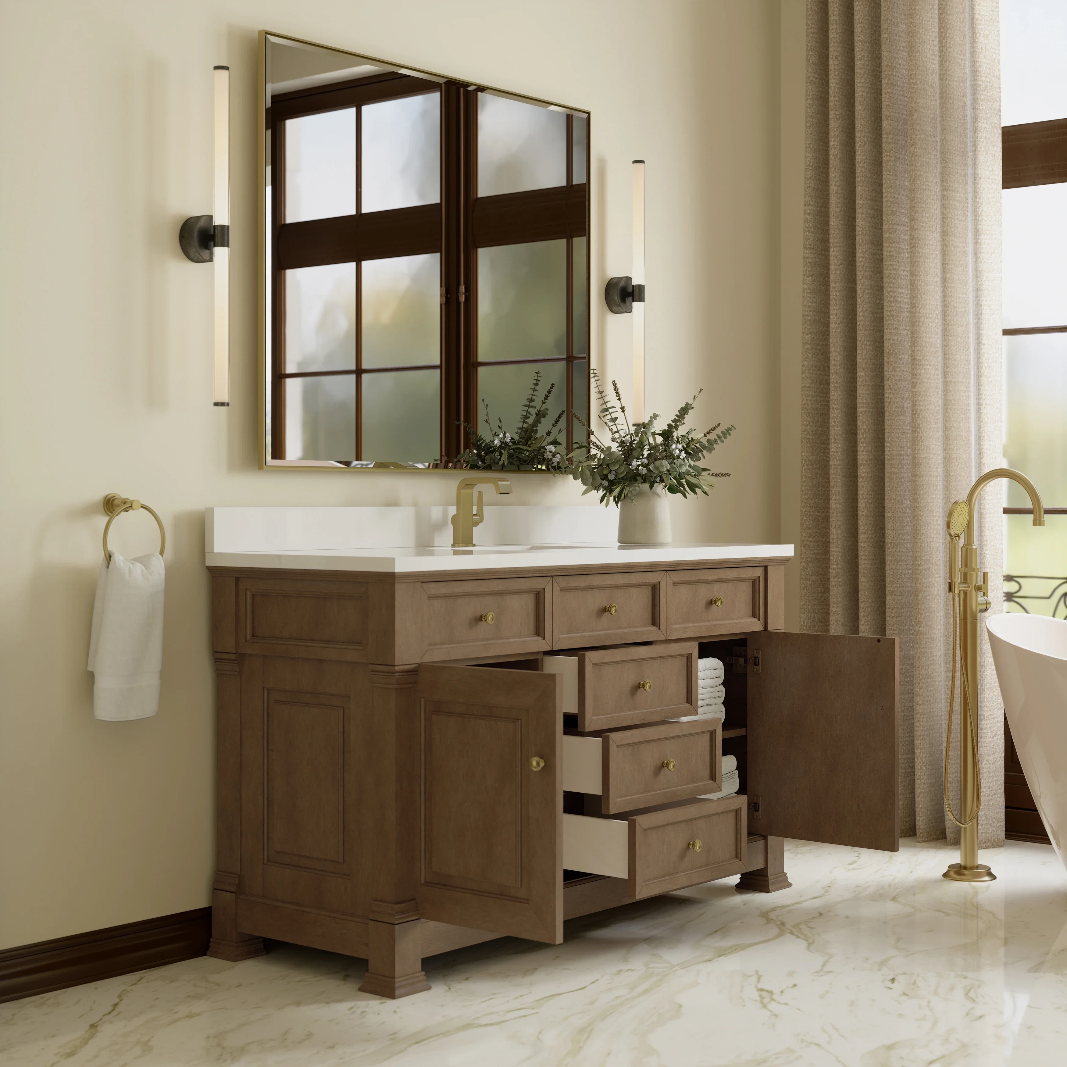 Brookfield 60" Single Vanity, Pecan w/ Single Hole 3CM White Zeus Silestone Top & Backsplash