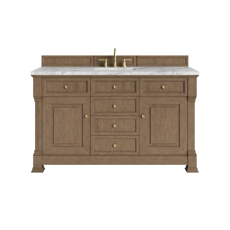 Brookfield 60" Single Vanity, Pecan w/ 3 CM Carrara White Marble Top