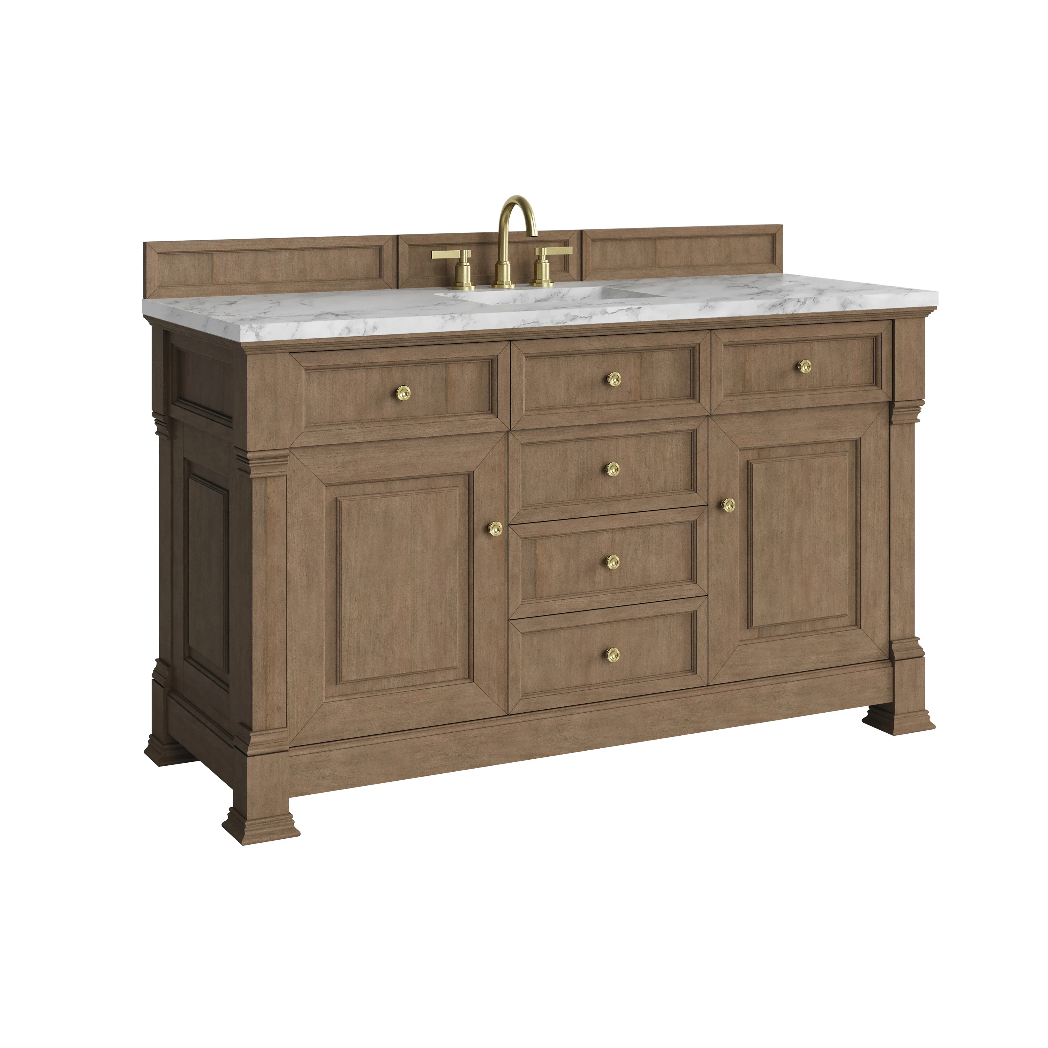 Brookfield 60" Single Vanity, Pecan w/ 3 CM Carrara White Marble Top