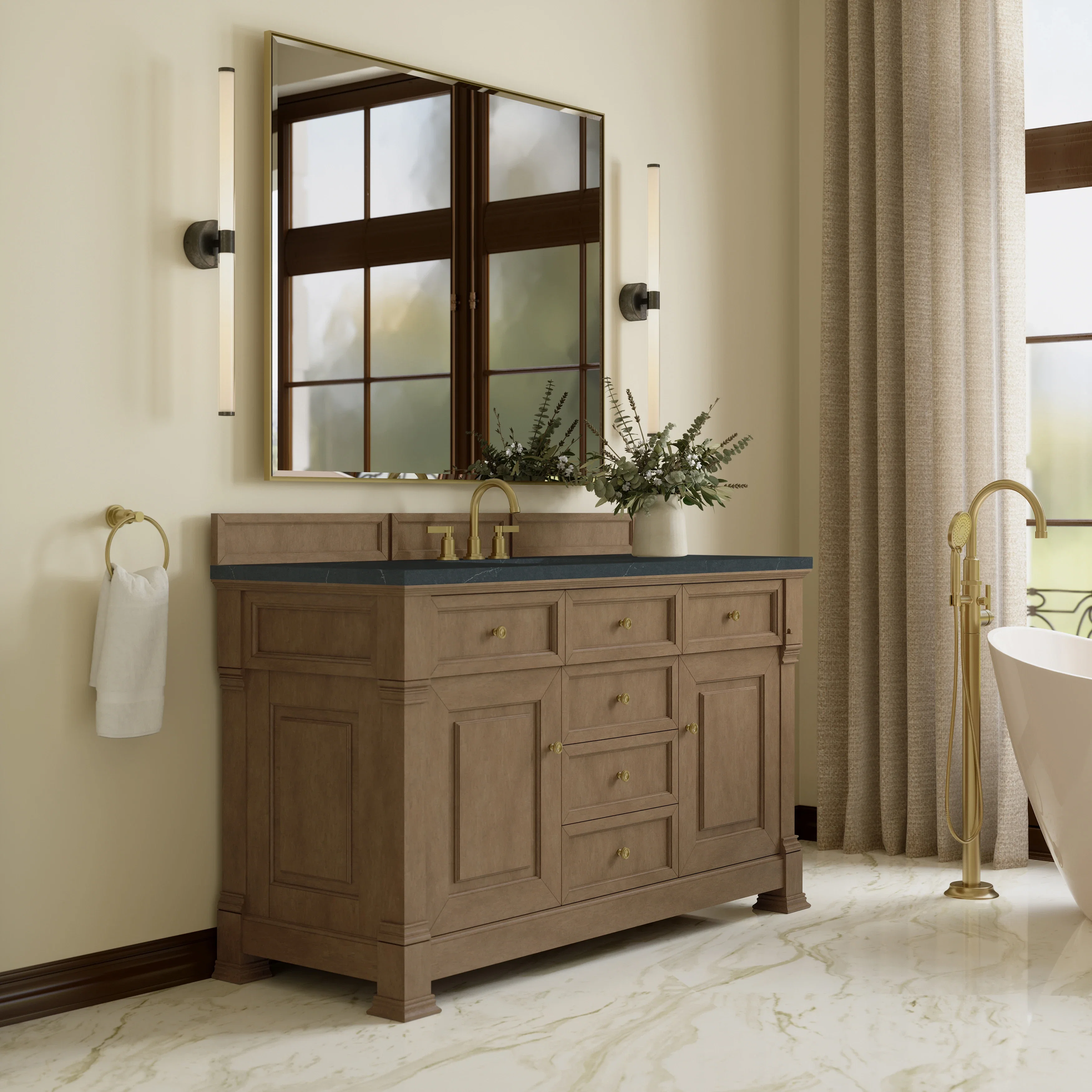 Brookfield 60" Single Vanity, Pecan w/ 3 CM Charcoal Soapstone Silestone Top