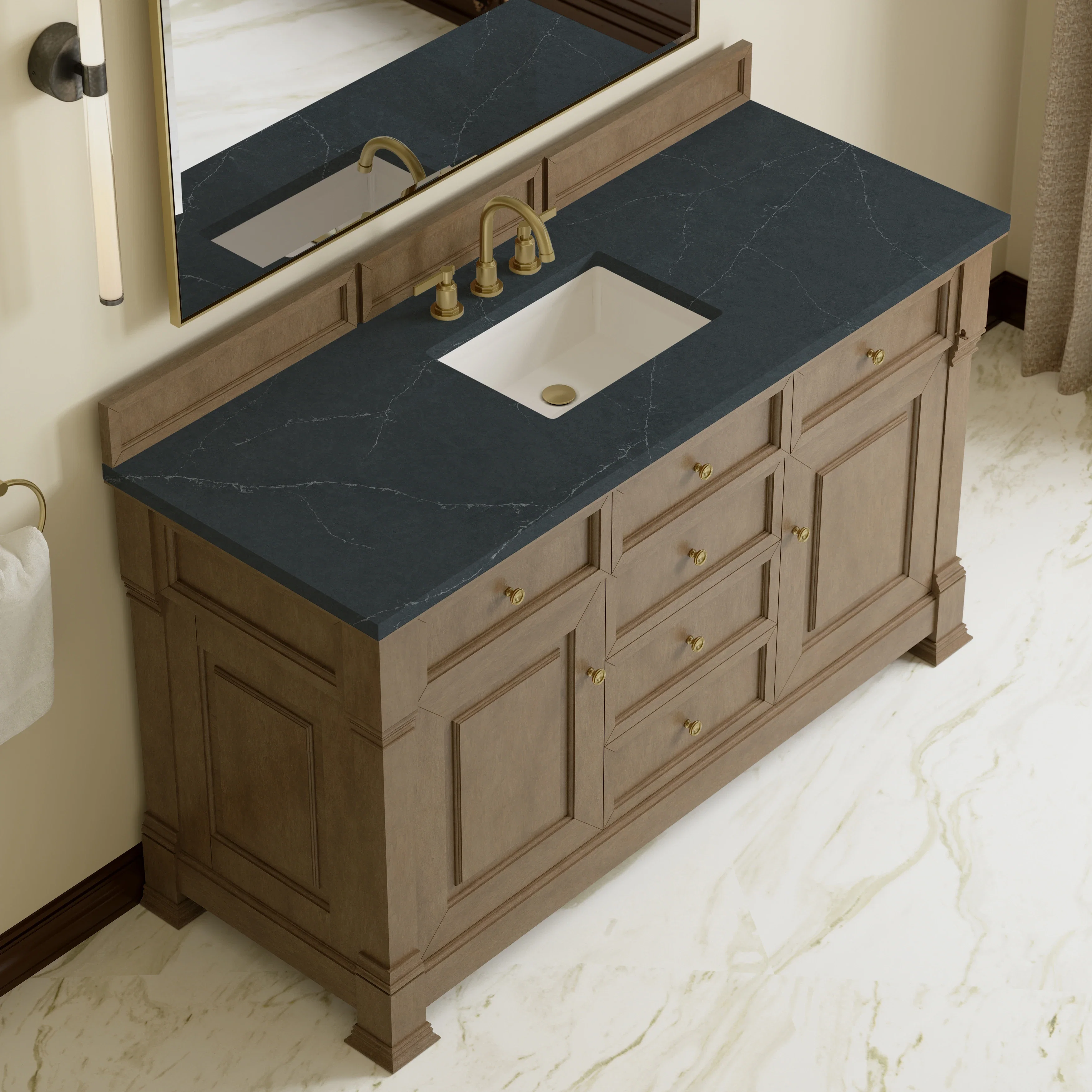 Brookfield 60" Single Vanity, Pecan w/ 3 CM Charcoal Soapstone Silestone Top