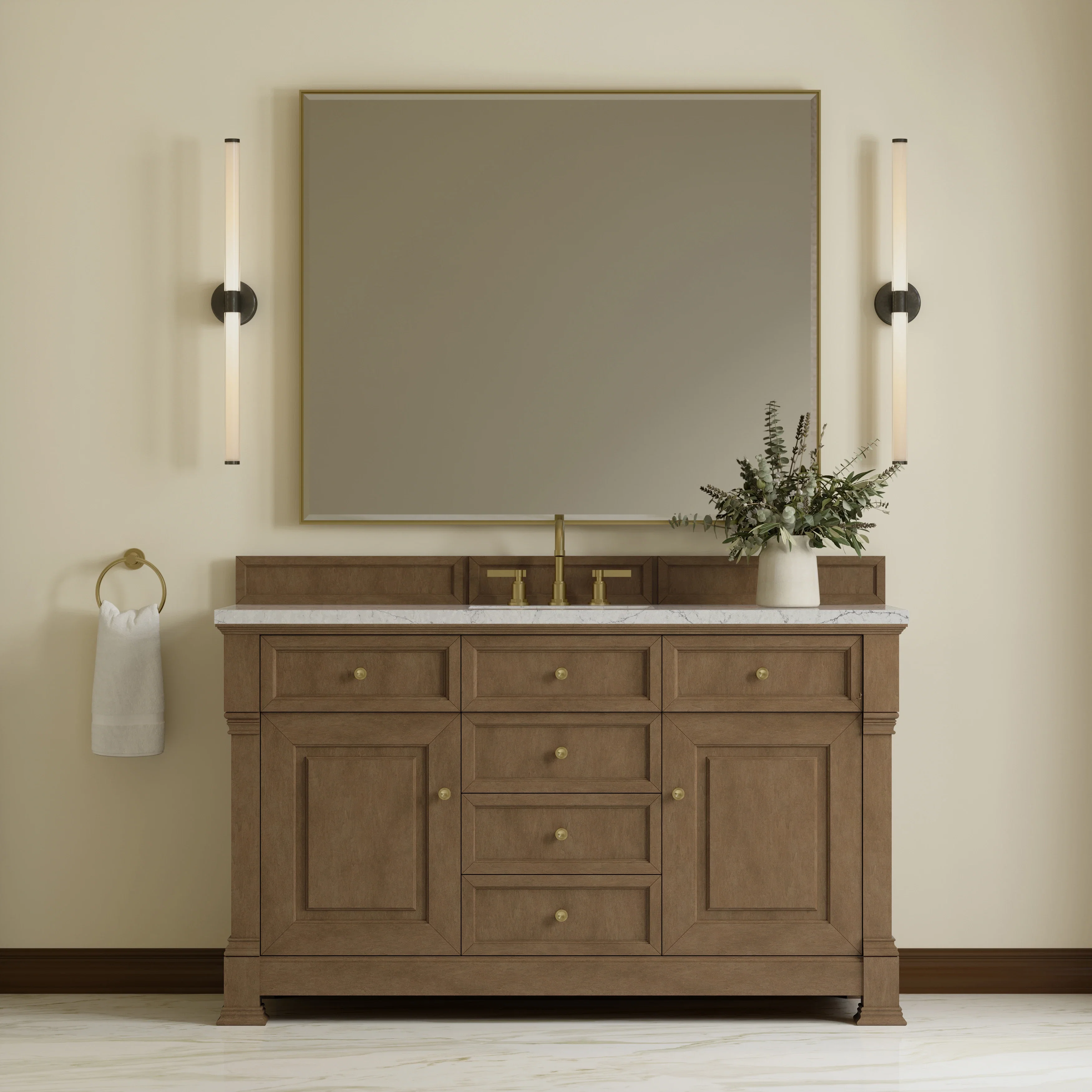 Brookfield 60" Single Vanity, Pecan w/ 3 CM Eternal Jasmine Pearl Silestone Top