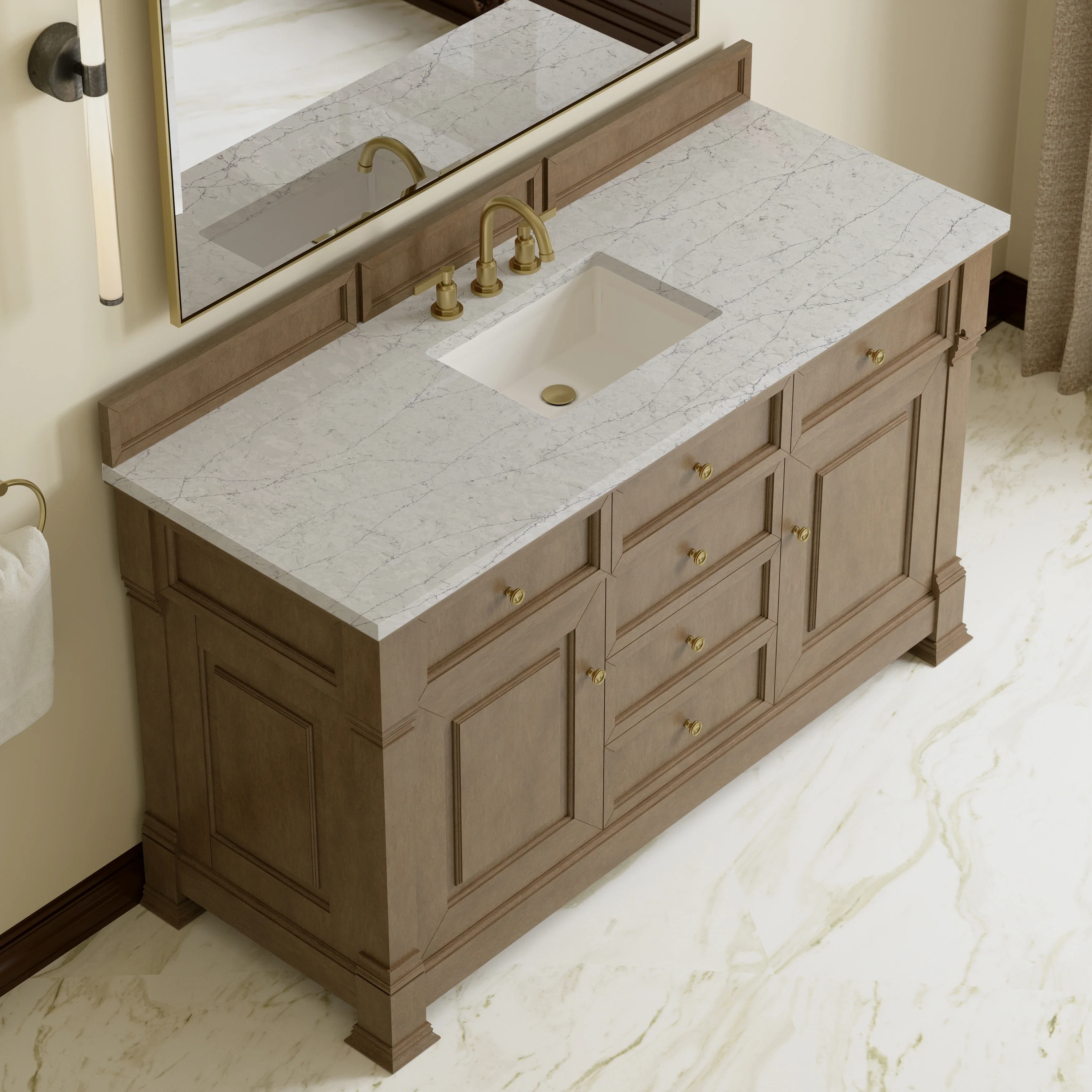 Brookfield 60" Single Vanity, Pecan w/ 3 CM Eternal Jasmine Pearl Silestone Top