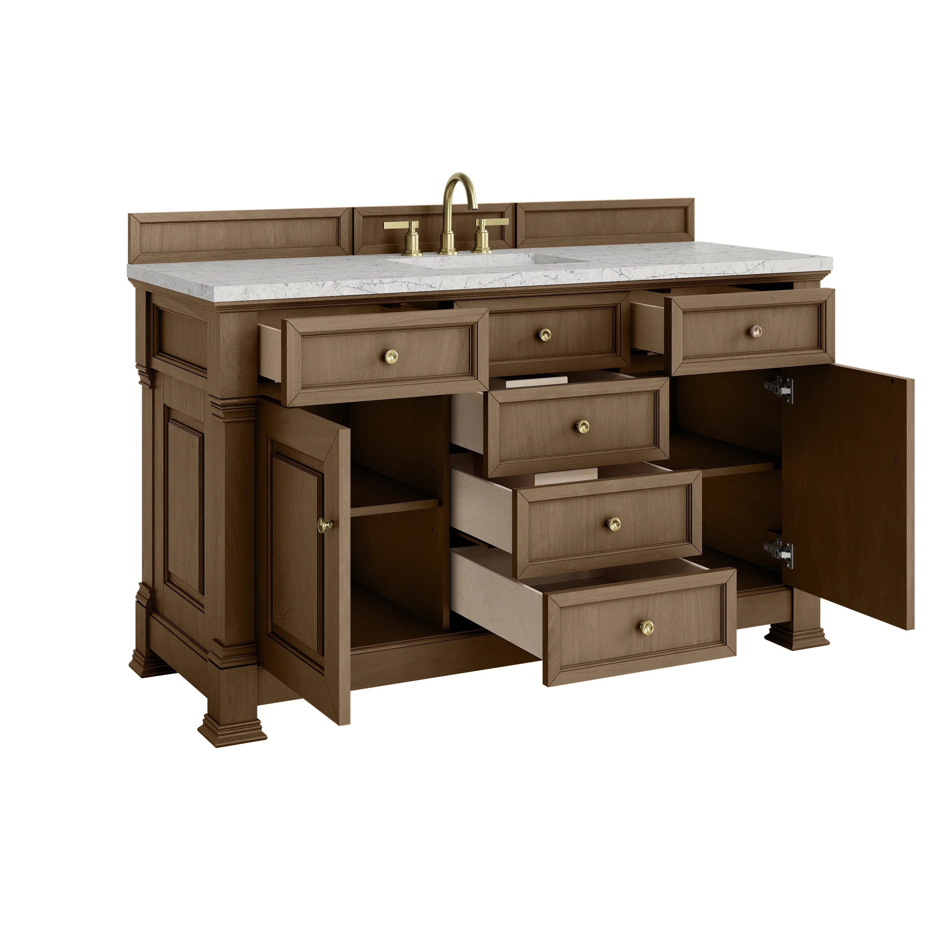 Brookfield 60" Single Vanity, Pecan w/ 3 CM Eternal Jasmine Pearl Silestone Top