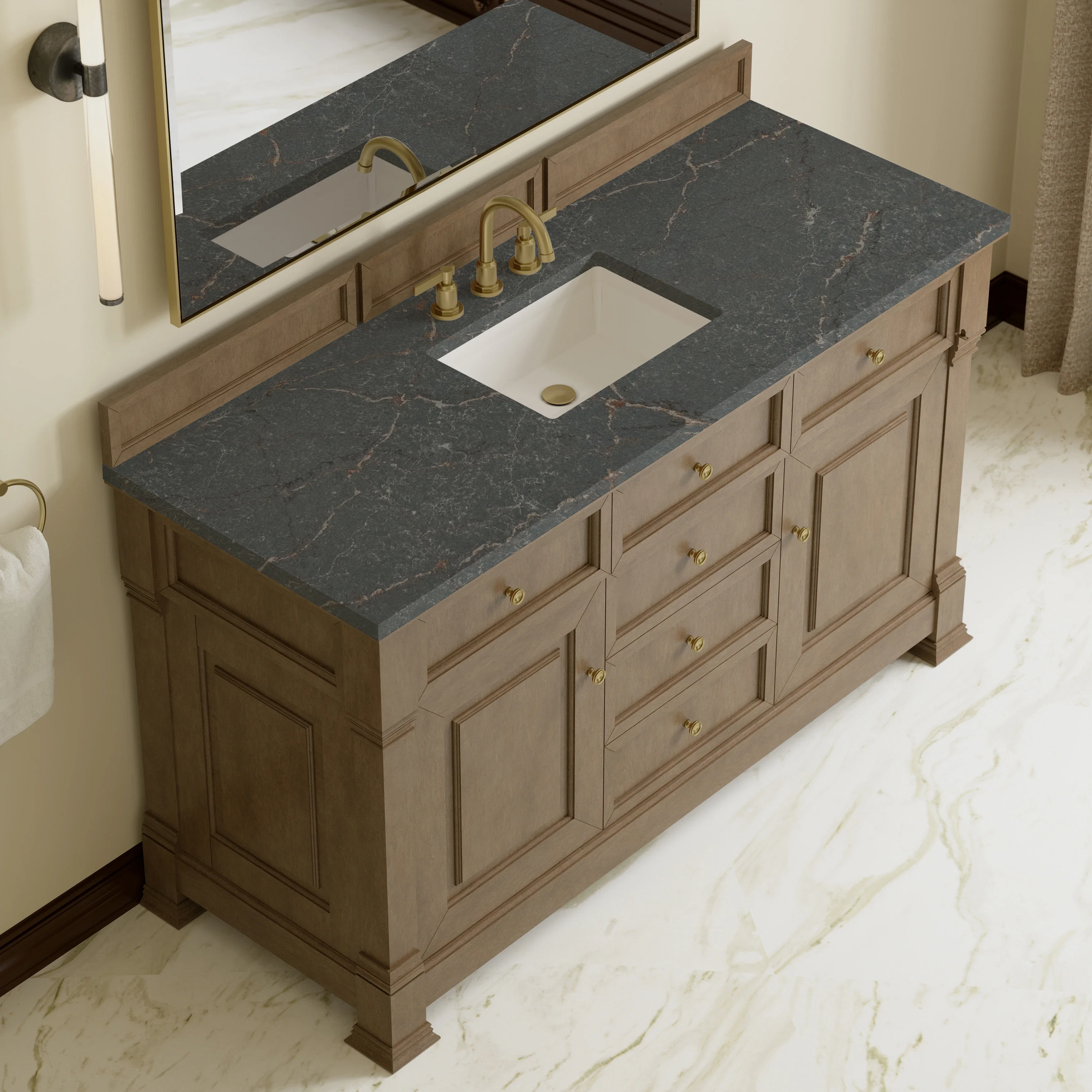 Brookfield 60" Single Vanity, Pecan w/ 3 CM Parisien Bleu Silestone Top