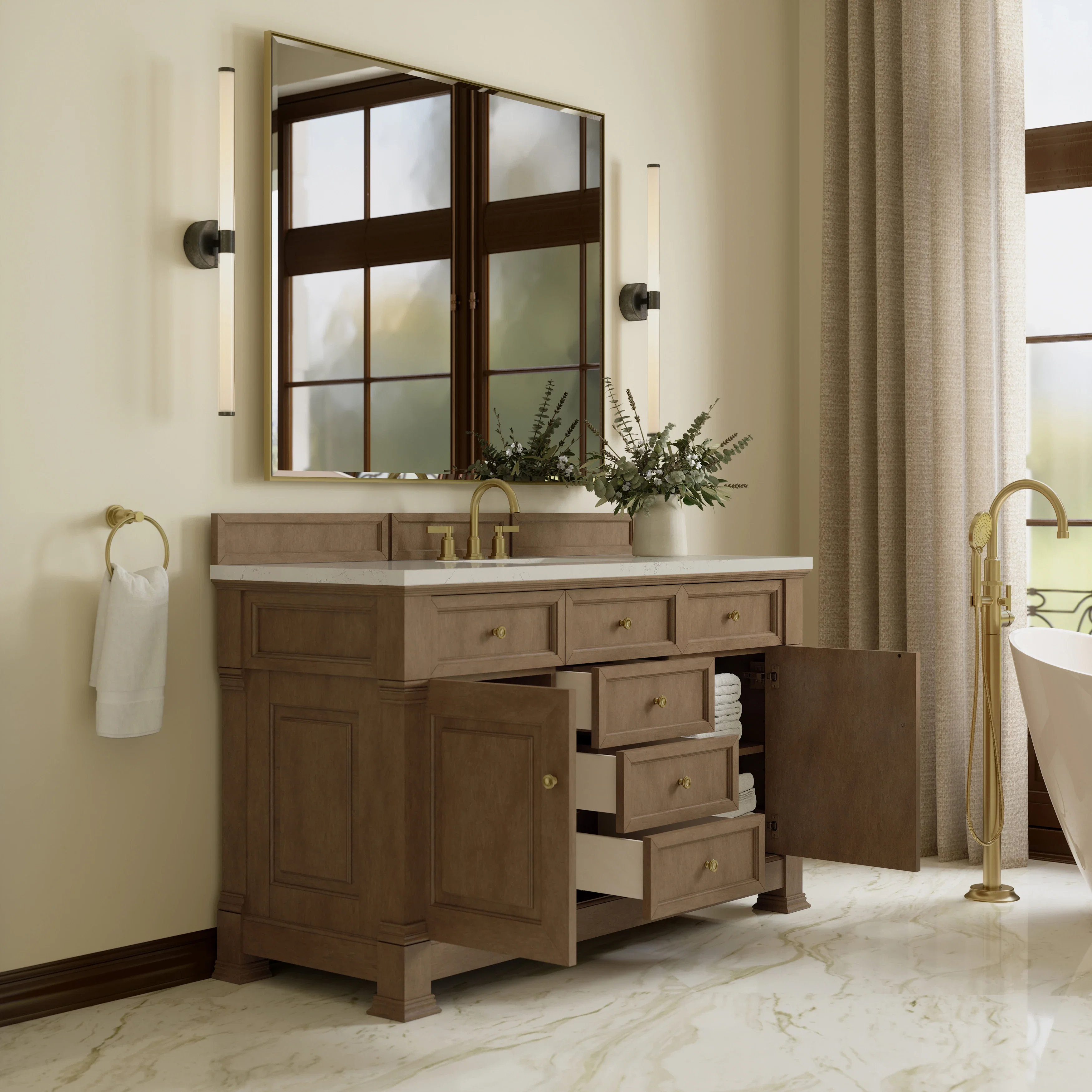 Brookfield 60" Single Vanity, Pecan, w/ 3 CM Siberian Silestone Top