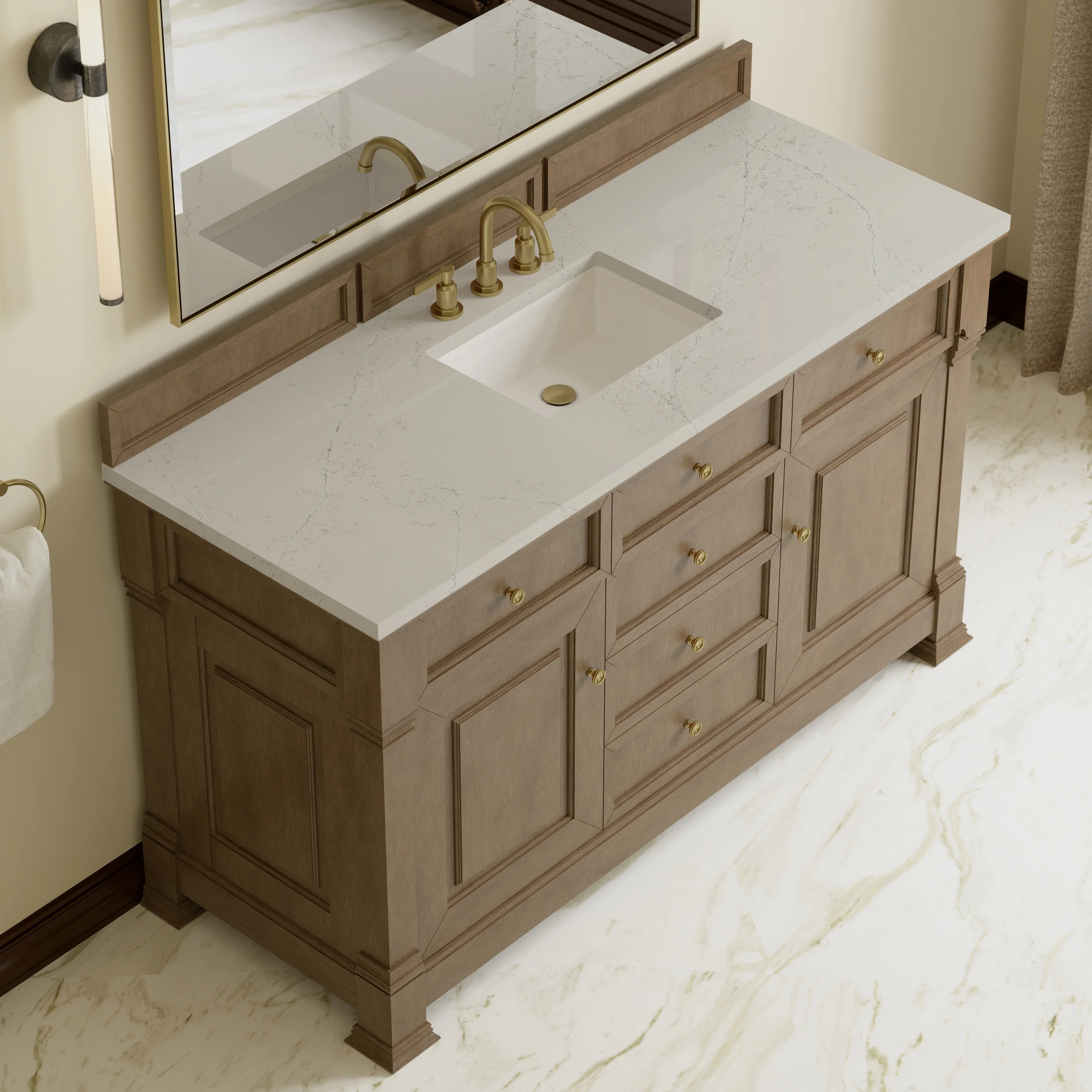 Brookfield 60" Single Vanity, Pecan, w/ 3 CM Siberian Silestone Top