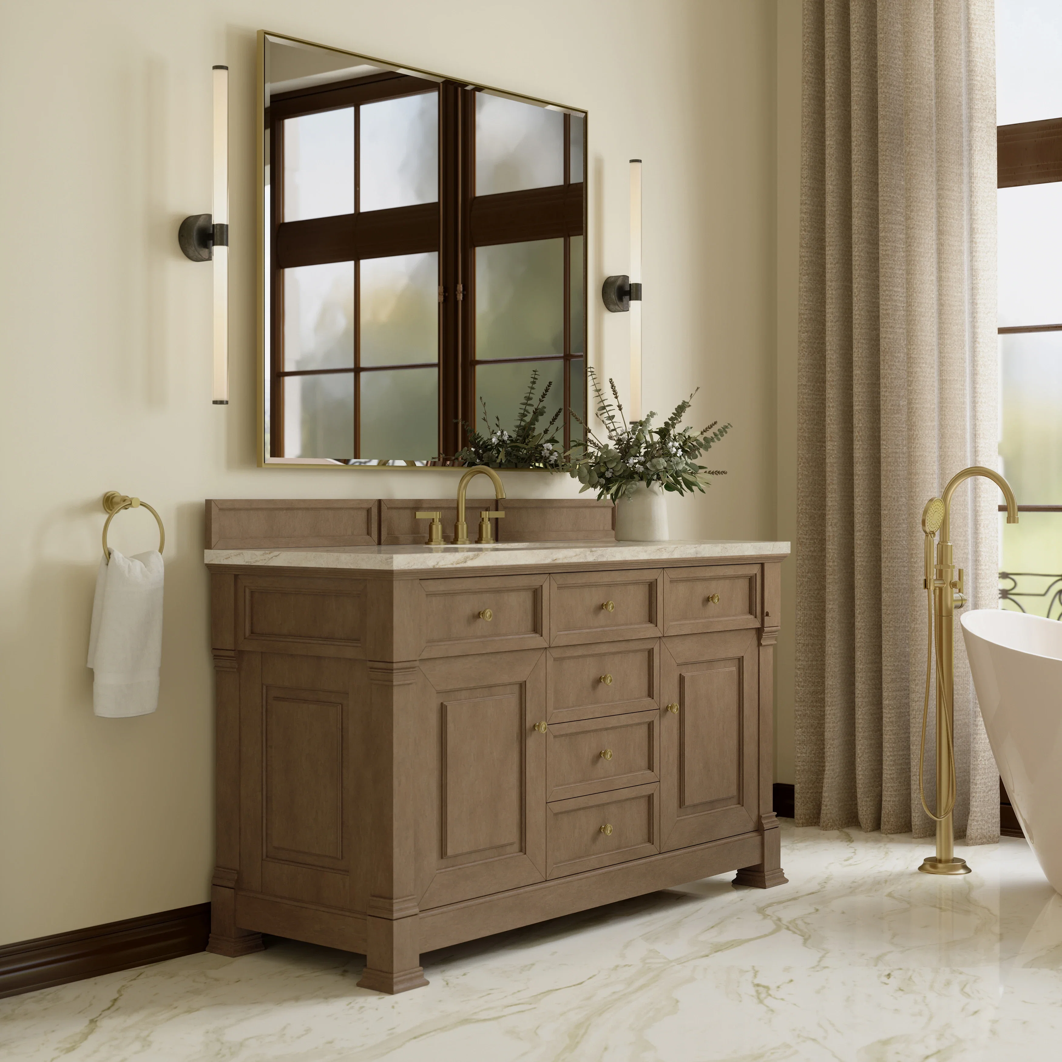 Brookfield 60" Single Vanity, Pecan, w/ 3 CM Tajnar Eclos Top
